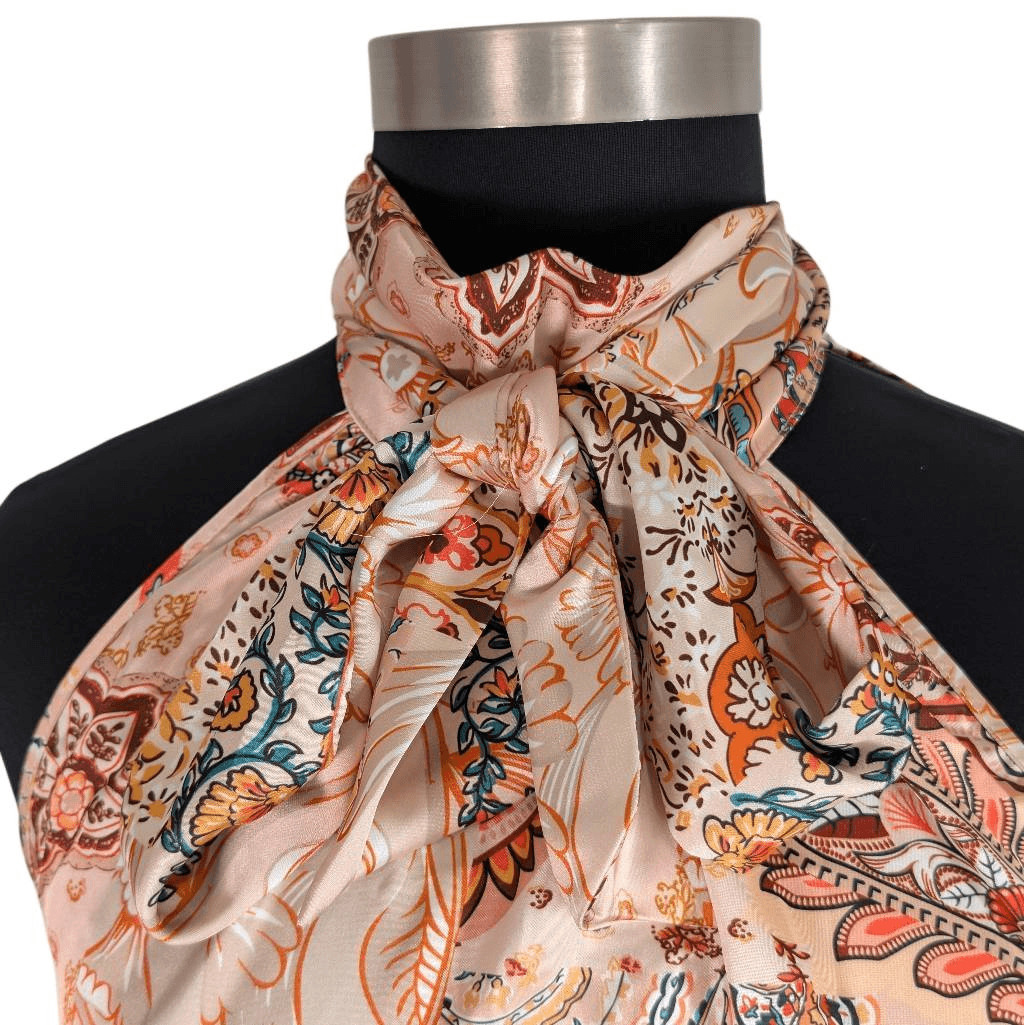 Rachel Zoe L Orange Paisley Tie Neck Top Sleeveless Satin 70s Retro Career Boho