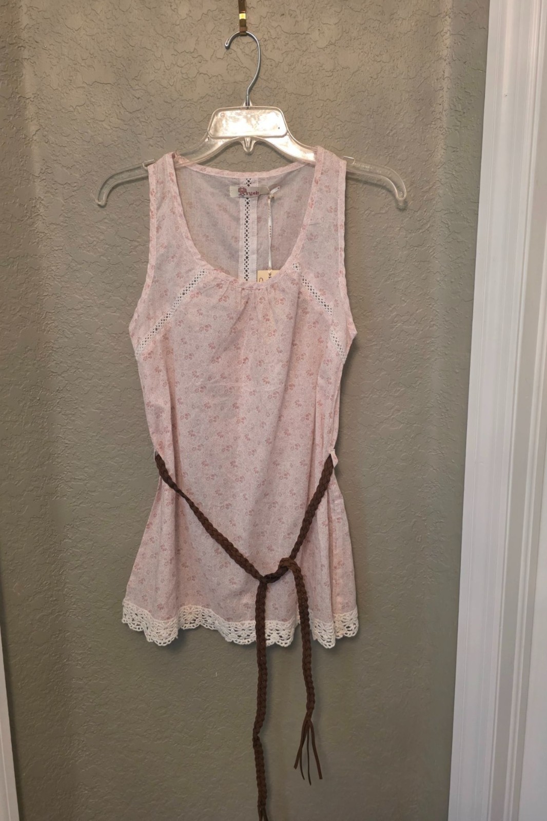 Aryeh Pink Cotton Belted Crochet Trim Tunic Tank Top M NEW Lightweight