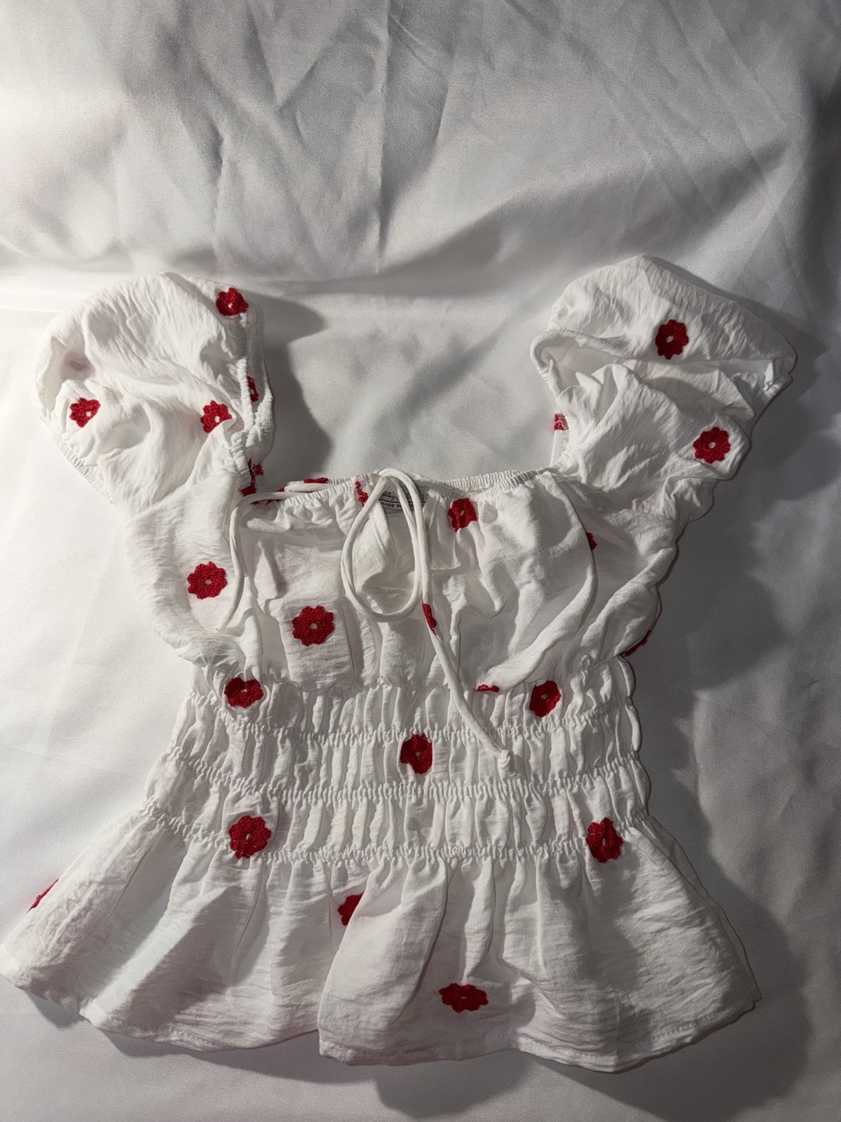 Haley & June White Red Floral Embroidered Smocked Square Neck Puff Blouse XS