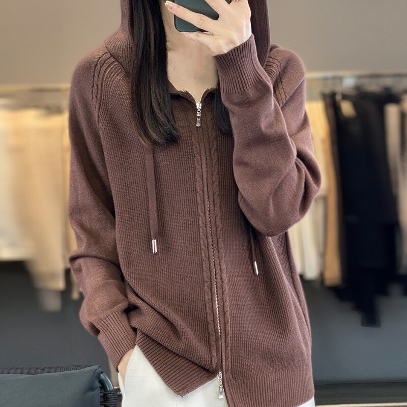 Women Tops Coat Sweater Hoodie Knitted Cardigan Hooded Casual Zipper Cashmere