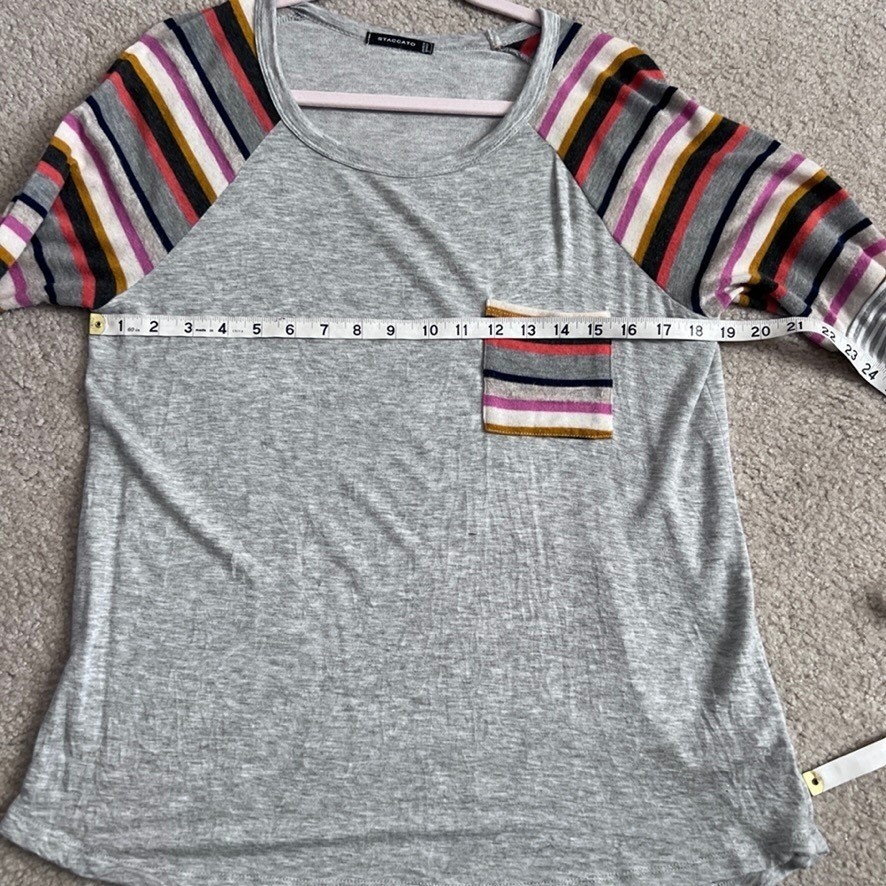 STACCATO Womens Gray Raglan Sleeve Striped Pocket Long Sleeve Top Size M