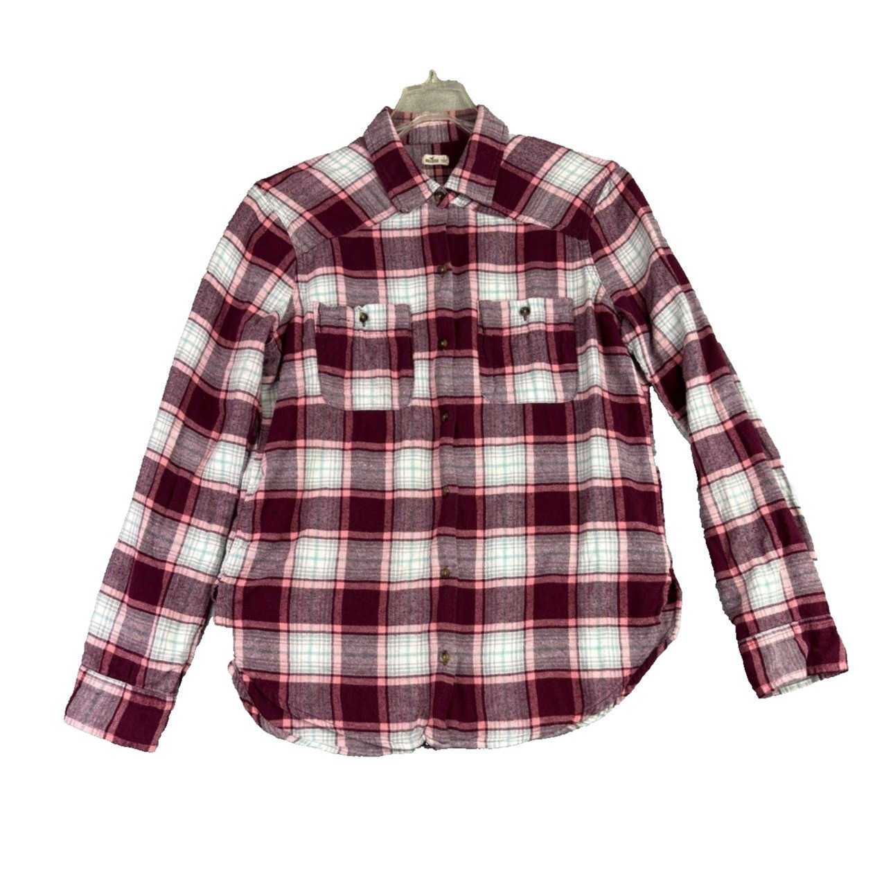 Hollister Flannel Shirt Women’s S Burgundy Pink Plaid Long Sleeve Outdoor Preppy
