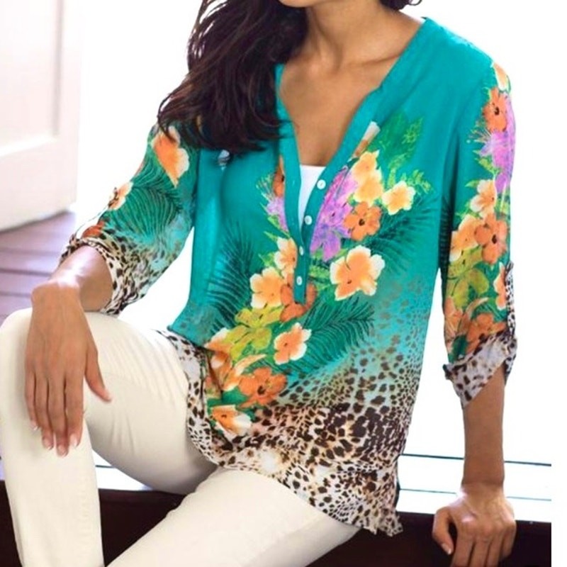Soft Surroundings Turquoise Mixed Floral Leopard Chiffon Tunic M Resort High-Low