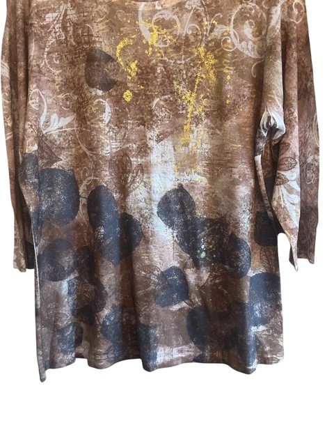 VTG Coldwater Creek Fits Medium Browns Taupe w/ Gold Abstract Knit Tunic Top