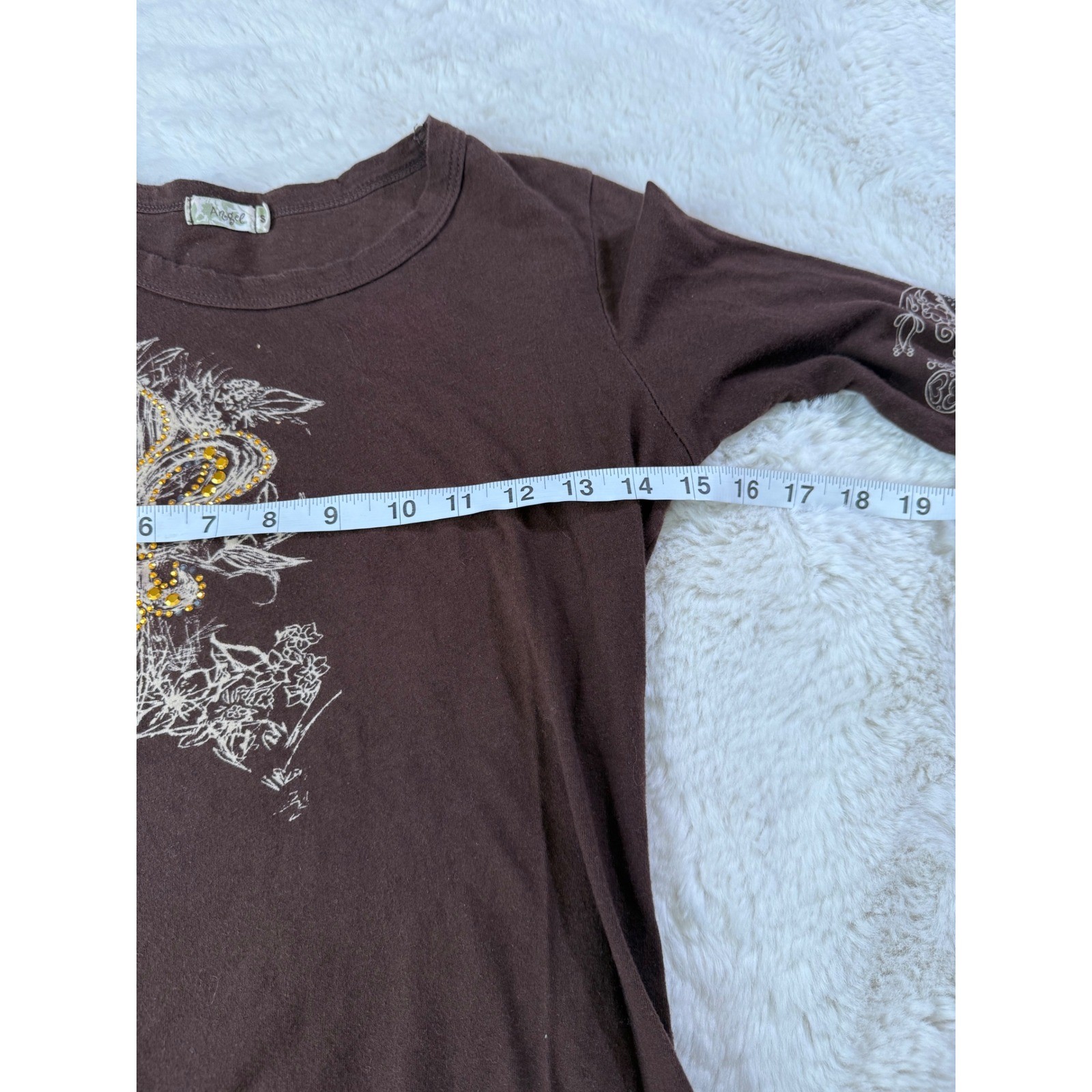 Angel Y2K Shirt Brown Fleur De Lis Rhinestone 2000s Fairycore Grunge Bling S