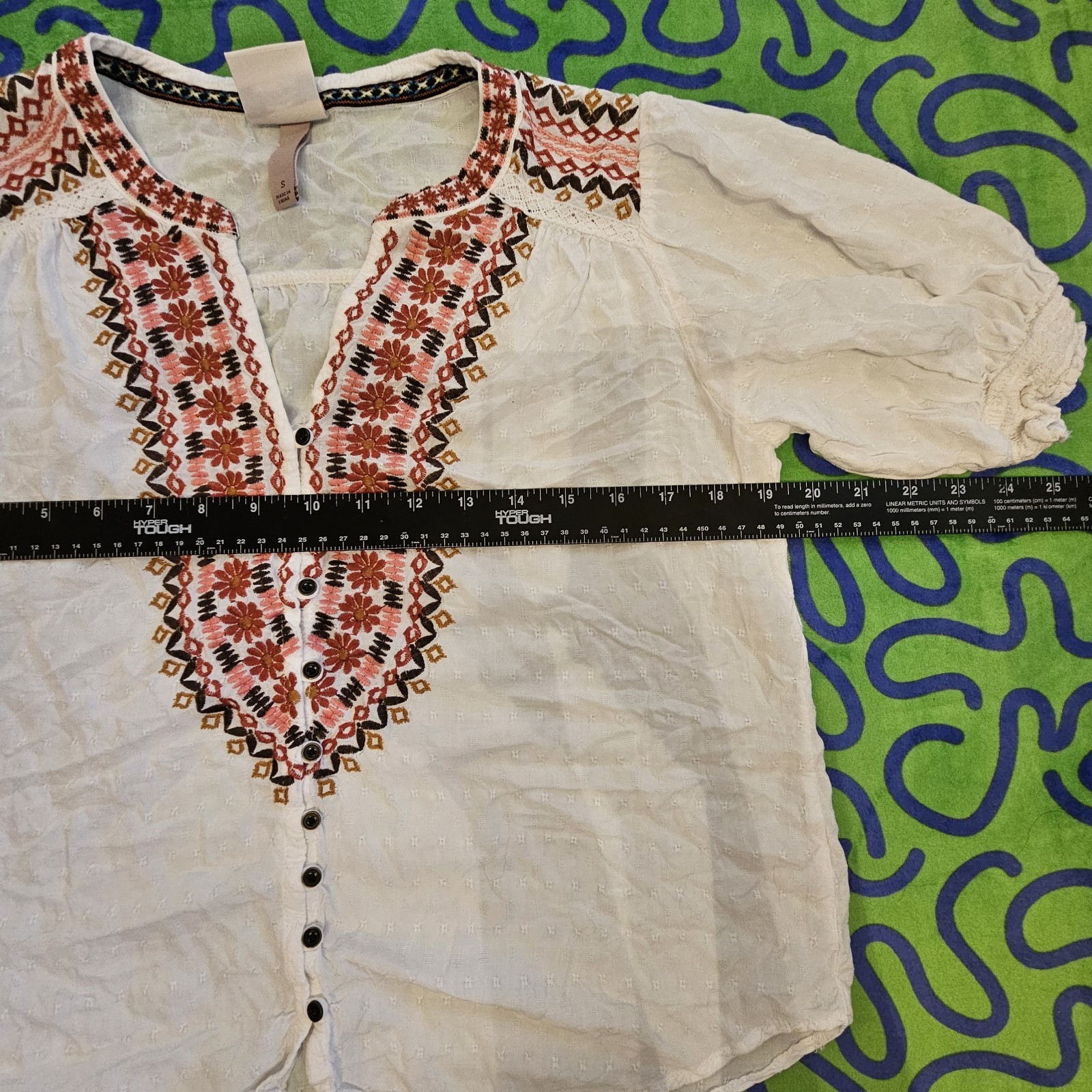 KNOX ROSE Women Button Crop Top S White Pink Embroidery Boho