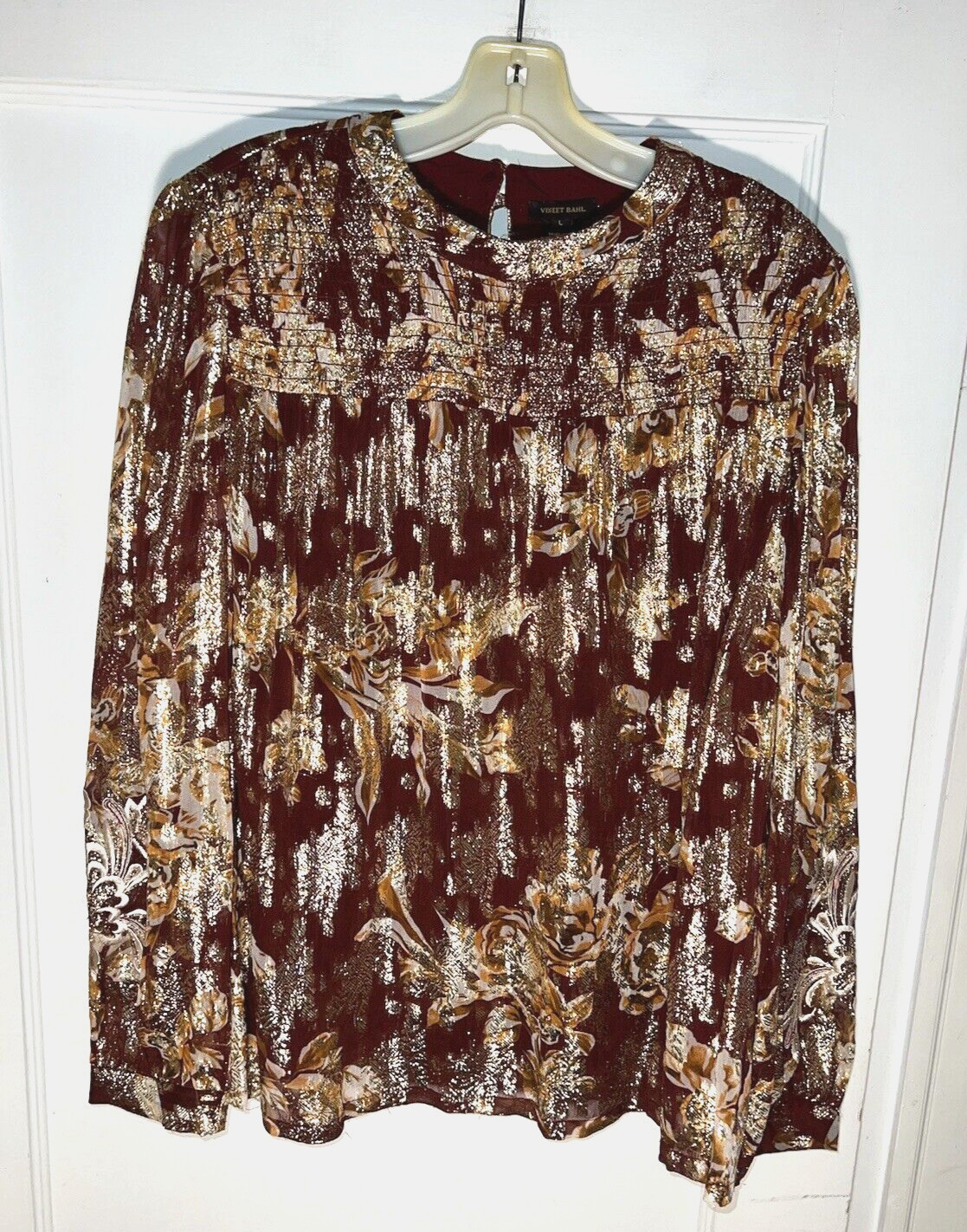 Anthropologie Vineet Bahl Angeline metallic Blouse Burgundy Gold Size L. d498