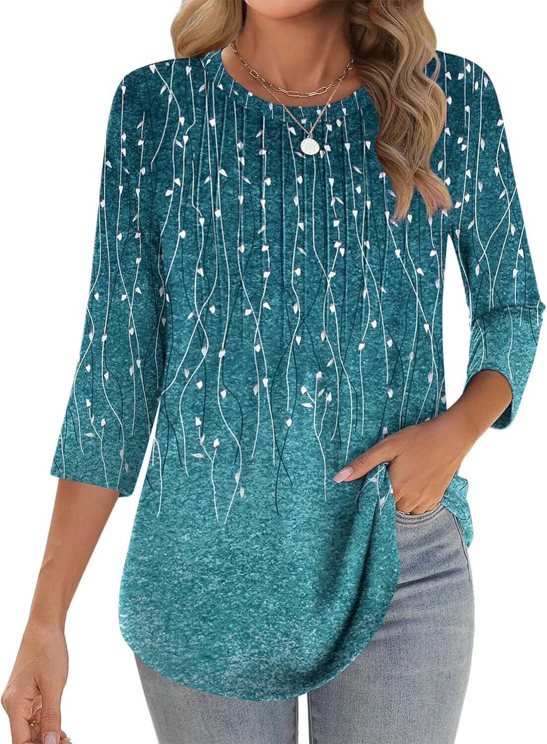 Womens 3/4 Sleeve Tunic Top Loose Fit Pleated Crew Neck Summer Casual Blouse