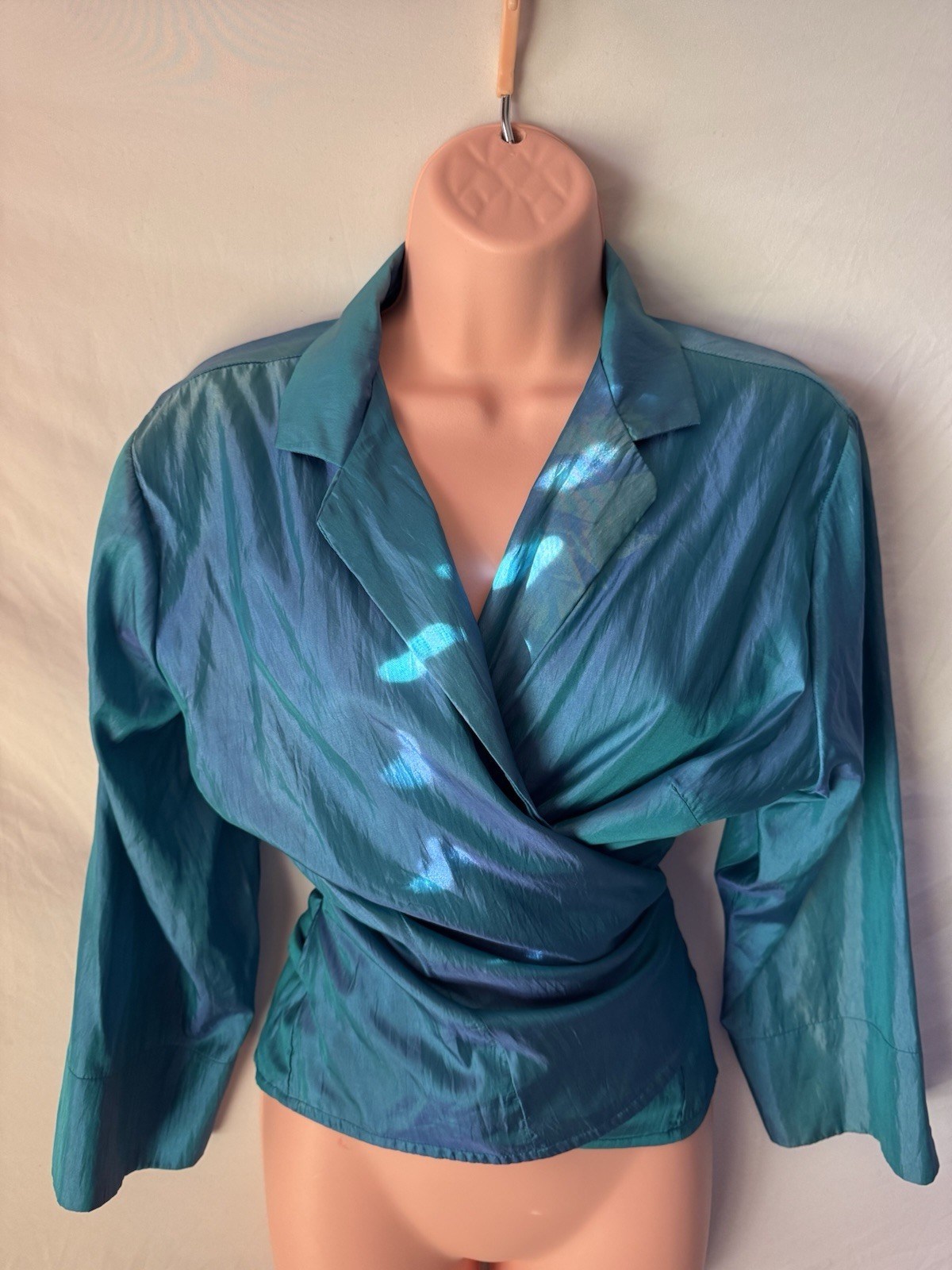 Ellen Tracy Blouse Size 16 Long Sleeve Teal Top Wrap Around