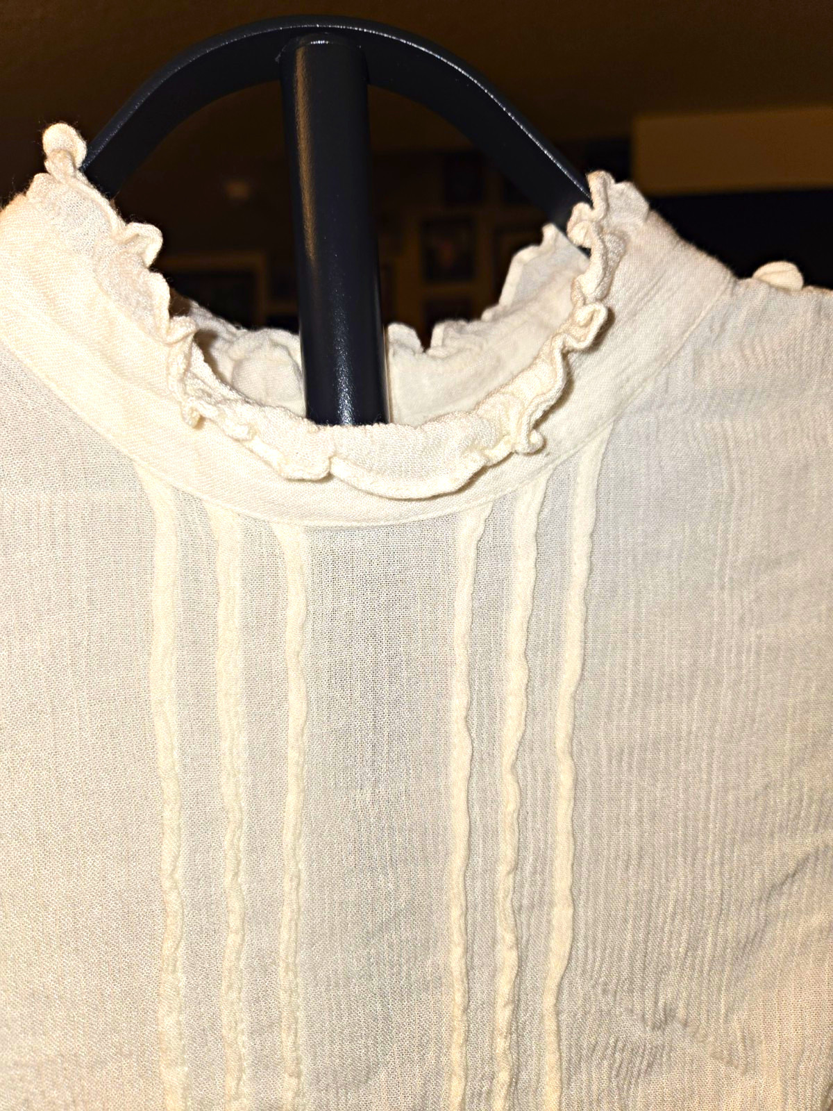 perimeter M White Viscose Ruffle High Neck Zip Back Short Sleeve Blouse