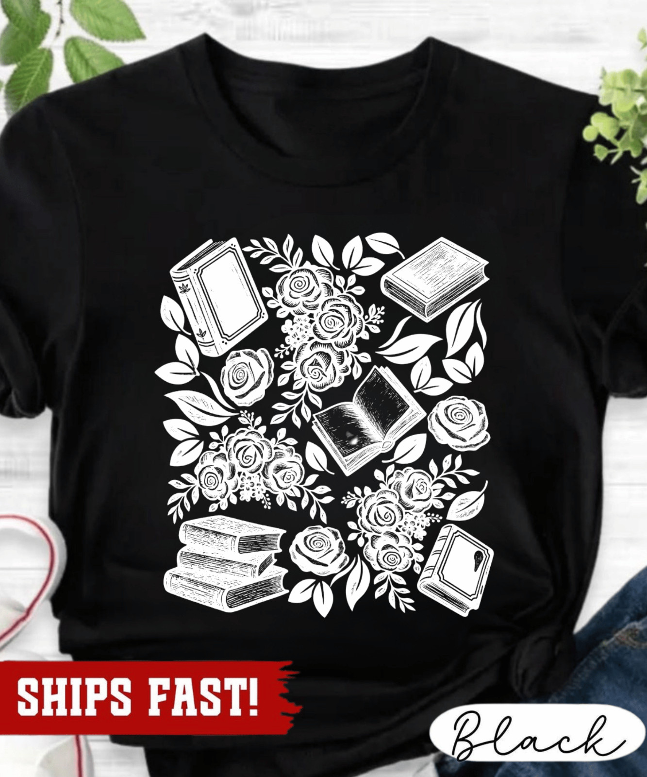 Linocut Books and Flowers T-Shirt, Vintage Inspired Floral Bookish Shirt, Botani