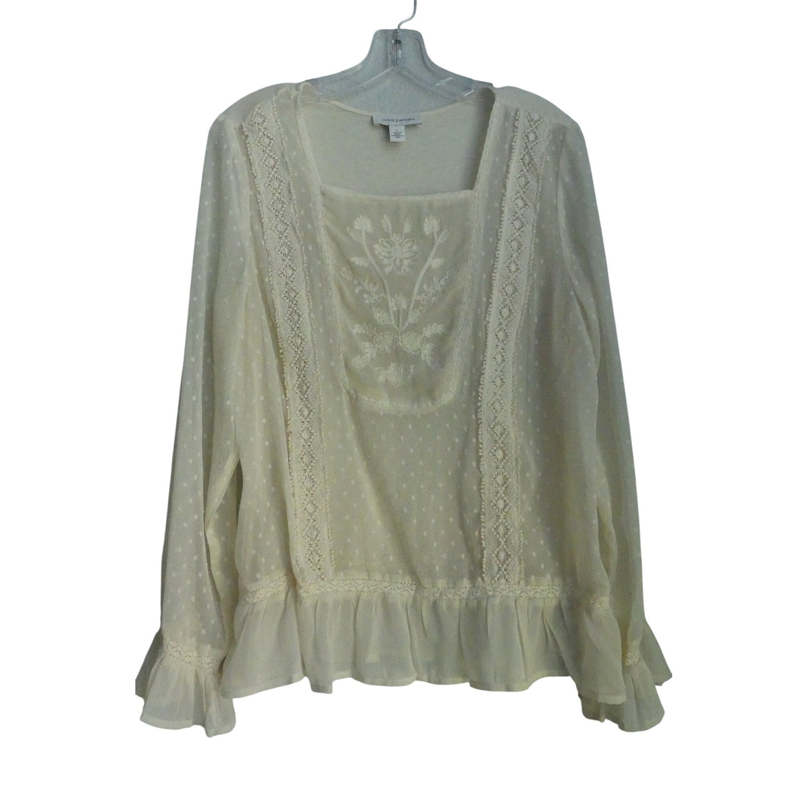 Vintage America Jules Embroidered Swiss Dot Lace Ruffle Blouse L Peasant Prairie