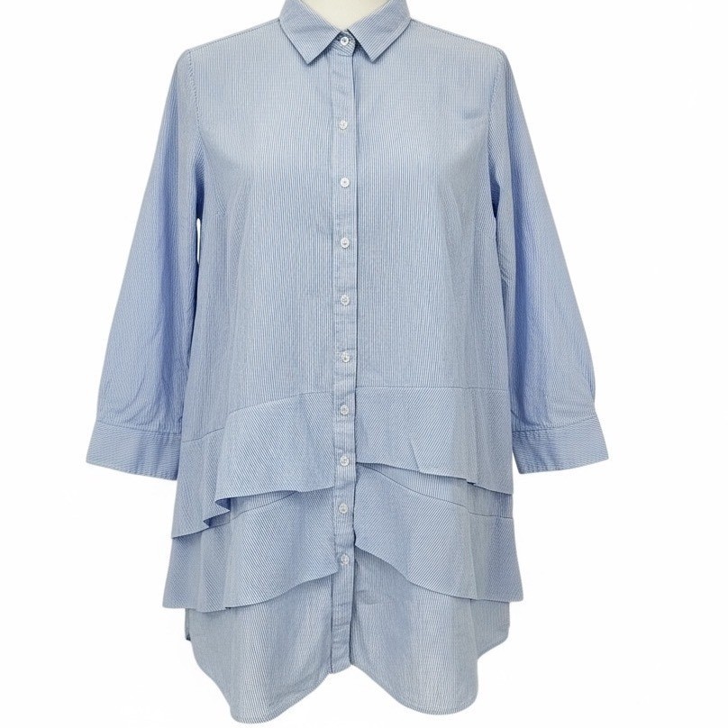 Finley Striped Button Up Shirt Dress Layered Tunic XL Blue Made in USA