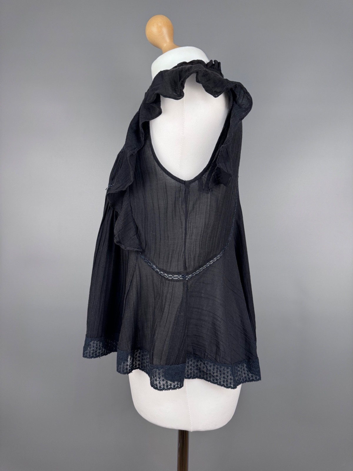 Isabel Marant Etoile Vivia Top Black Mock Neck Lace Trim Ruffle Embroid Womens S