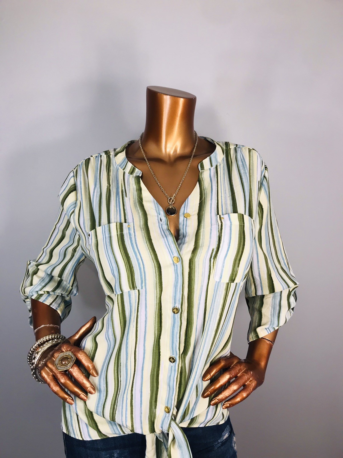 Adrienne Vittadini L Top Striped Knot Tie Hem Front Button Up Shirt Blouse V Cut