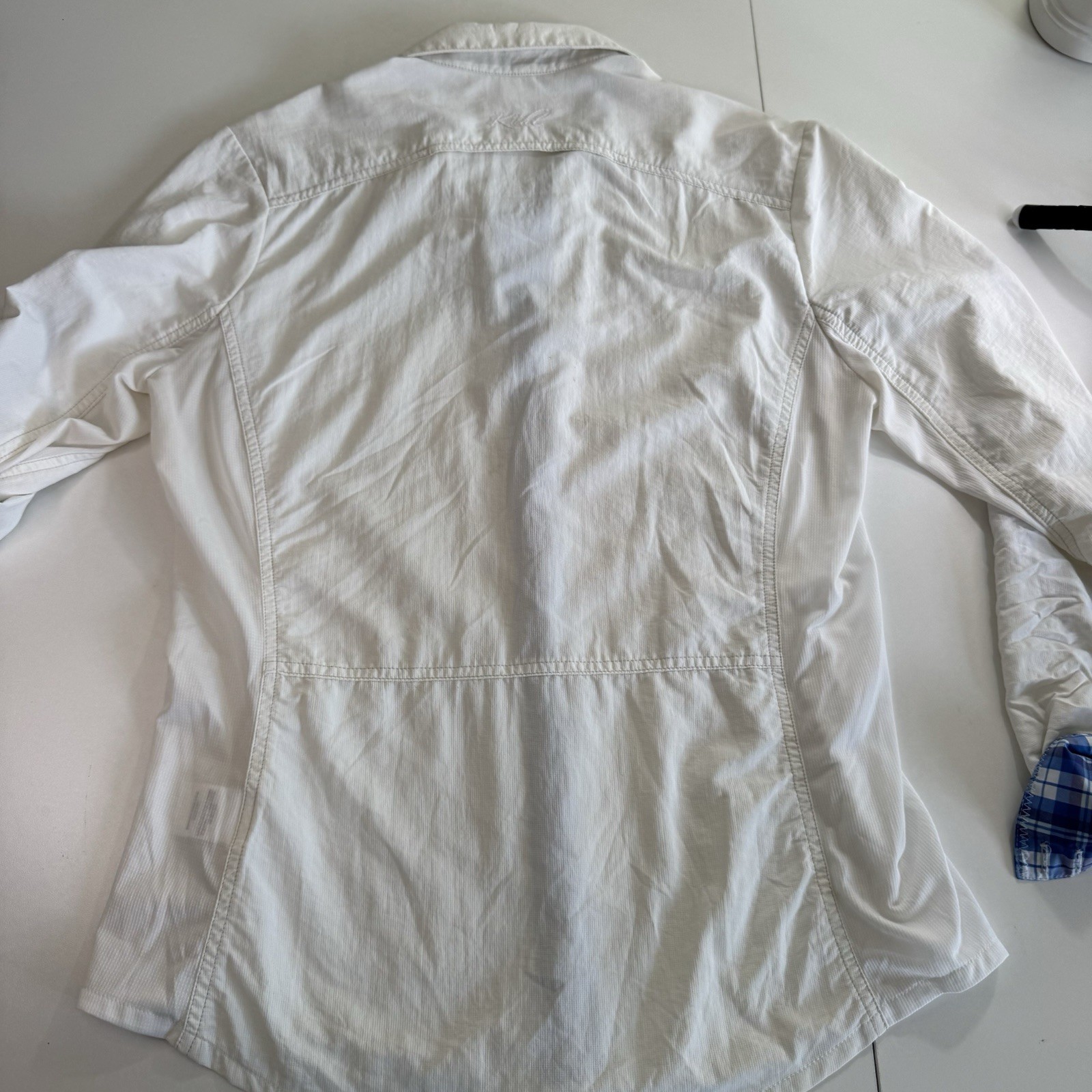 Kuhl Shirt Women’s Small White Long Sleeve Button Up Outdoor Hiking plaid Trim
