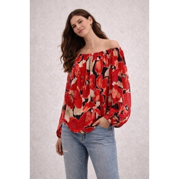 White House Black Market Red Floral Off Shoulder Blouse Gold Lurex Small