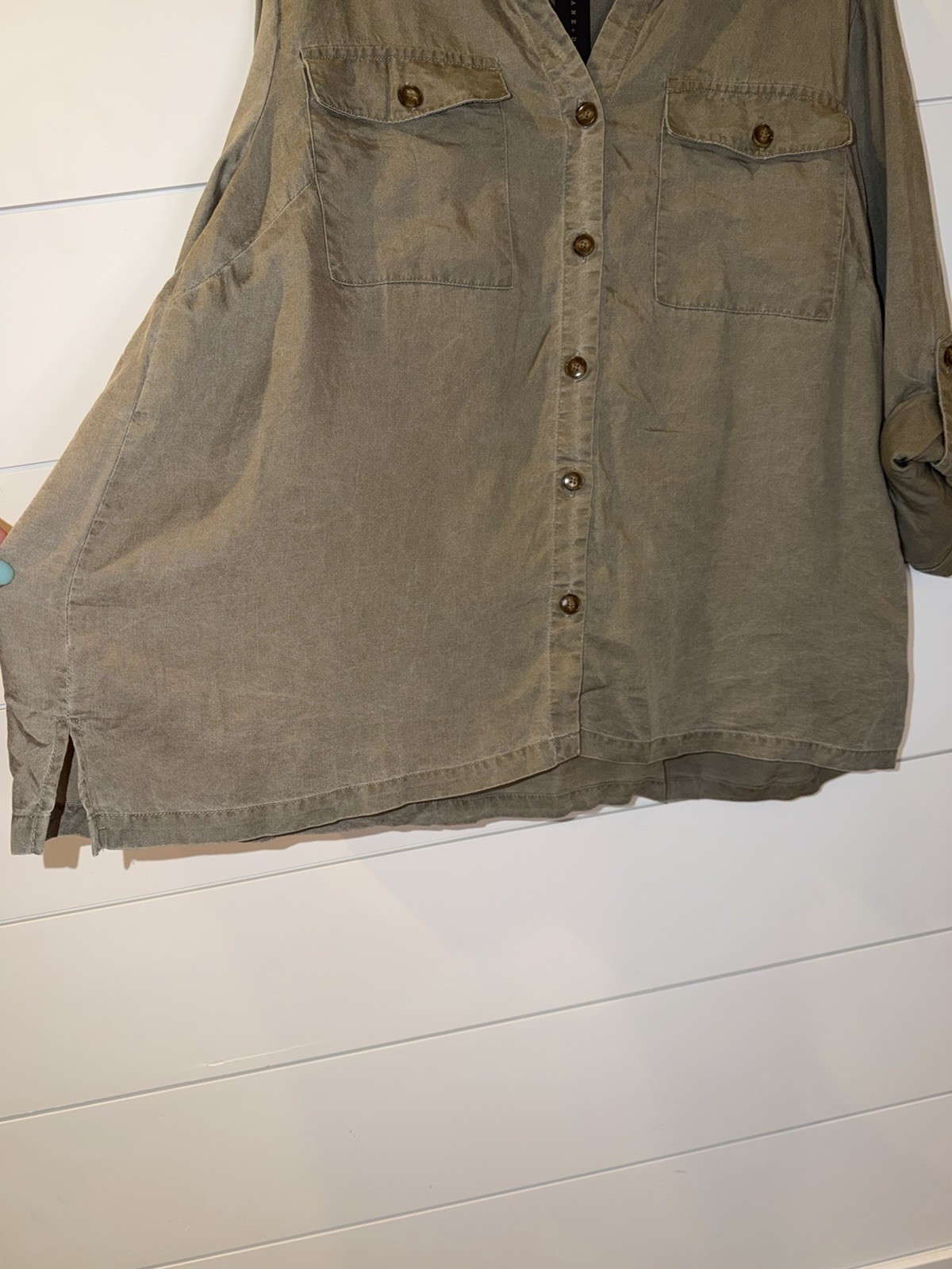 Jane Delancey NWT 1X Plus Garment Dye Utility Shirt Sage Green Roll Tab Blouse