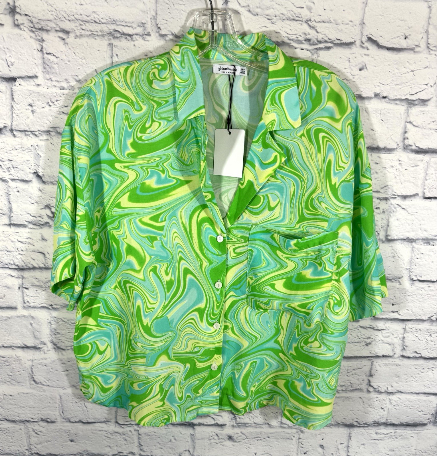 New Stradivarius Women’s XL Blouse Top Boxy Marble/Abstract Green & Blue