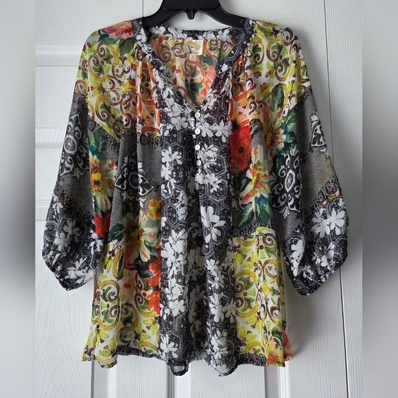 Fig and Flower Multicolor Sheer Floral Top Size S. Excellent condition.