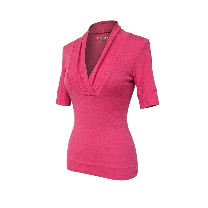 Express Pink Surplice V-Neck Pleated Shawl Collar Top Y2K Longline XS