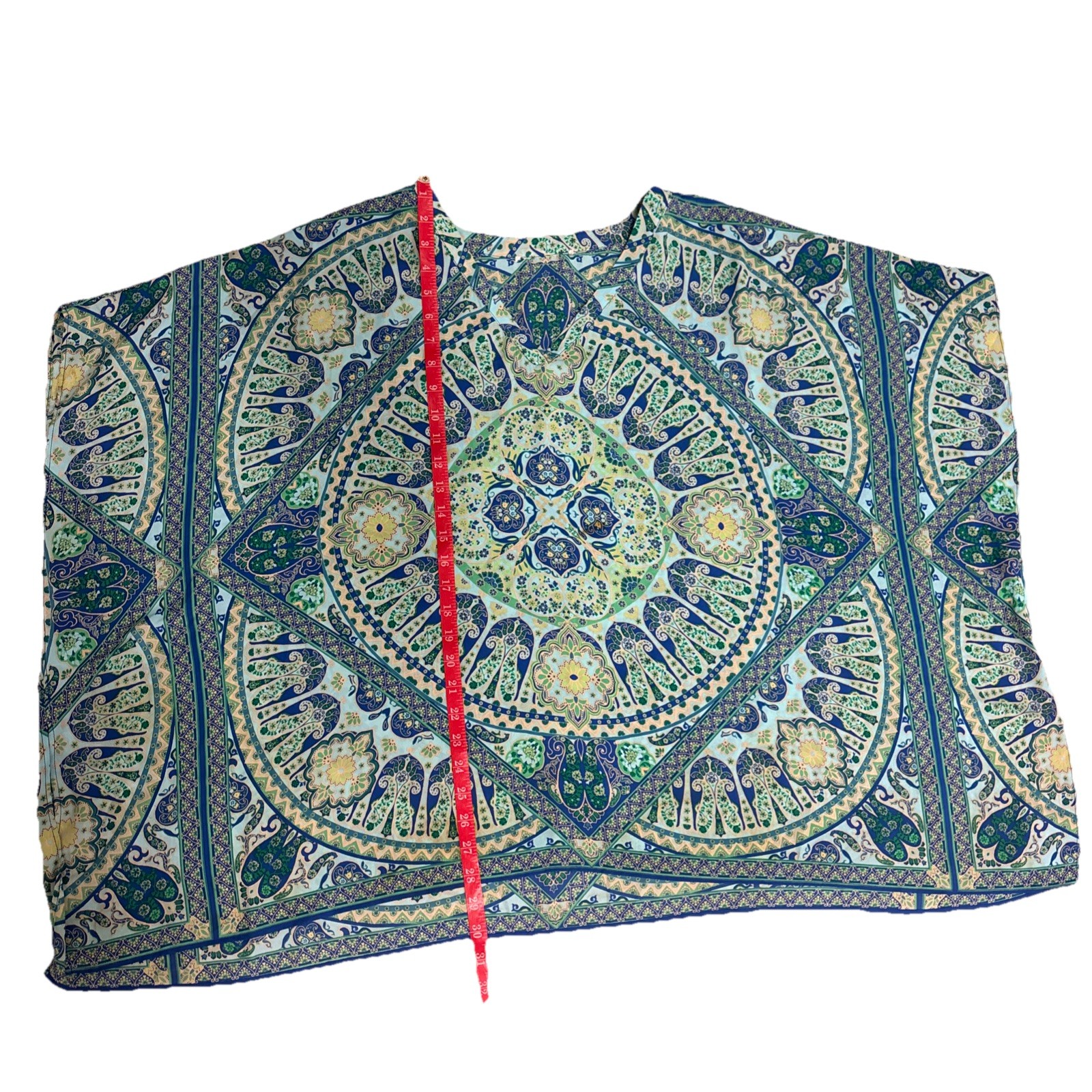 Blue Green Paisley Mandala Print Kaftan Poncho V-Neck Boho Tunic Cover Up