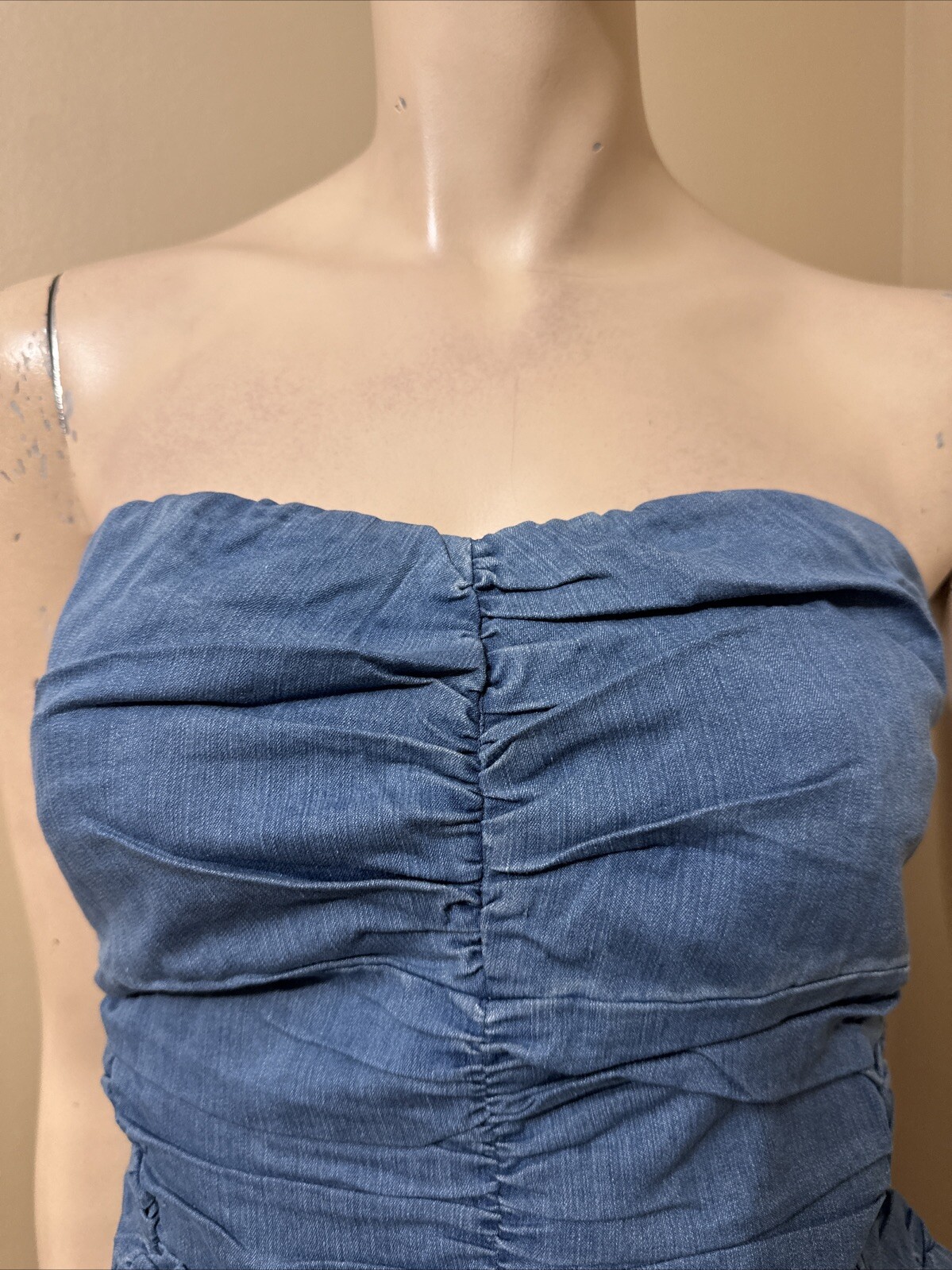 Women’s Blue Cotton Denim Casual Summer Open Stretch Slim Zipper Size L Blouse