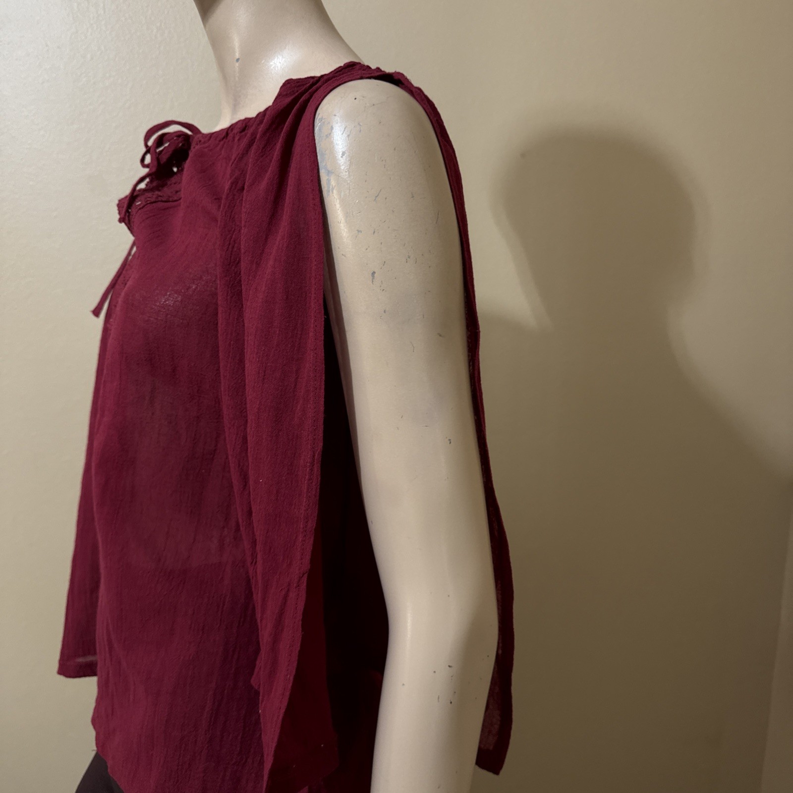 Women’s Burgundy Cotton Casual Boho Lace Long Sleeve Slit Tied Size S Blouse Top