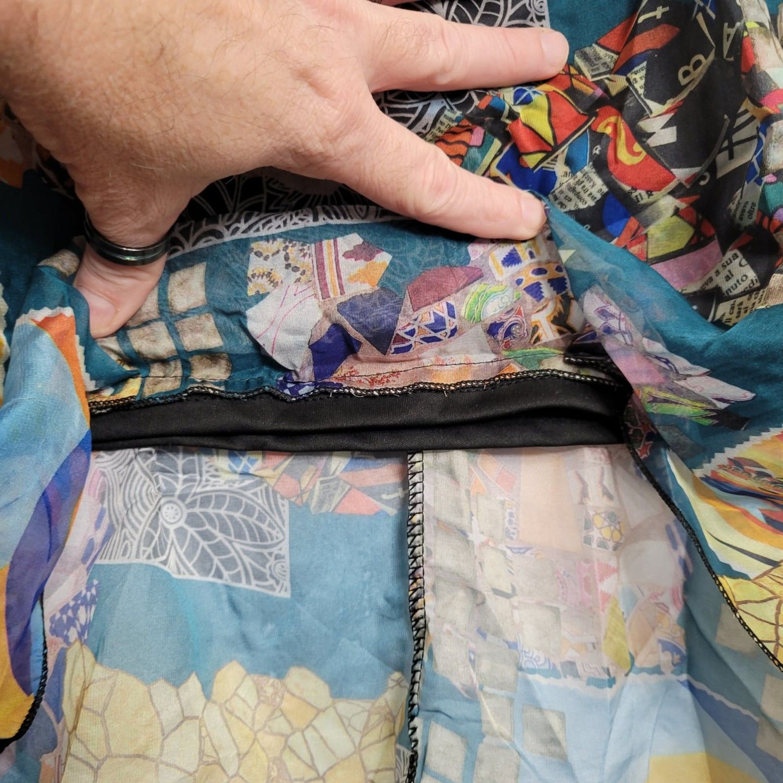 Artistic Patchwork Top Small Multi-Color Abstract Design Sheer Oversized Tunic