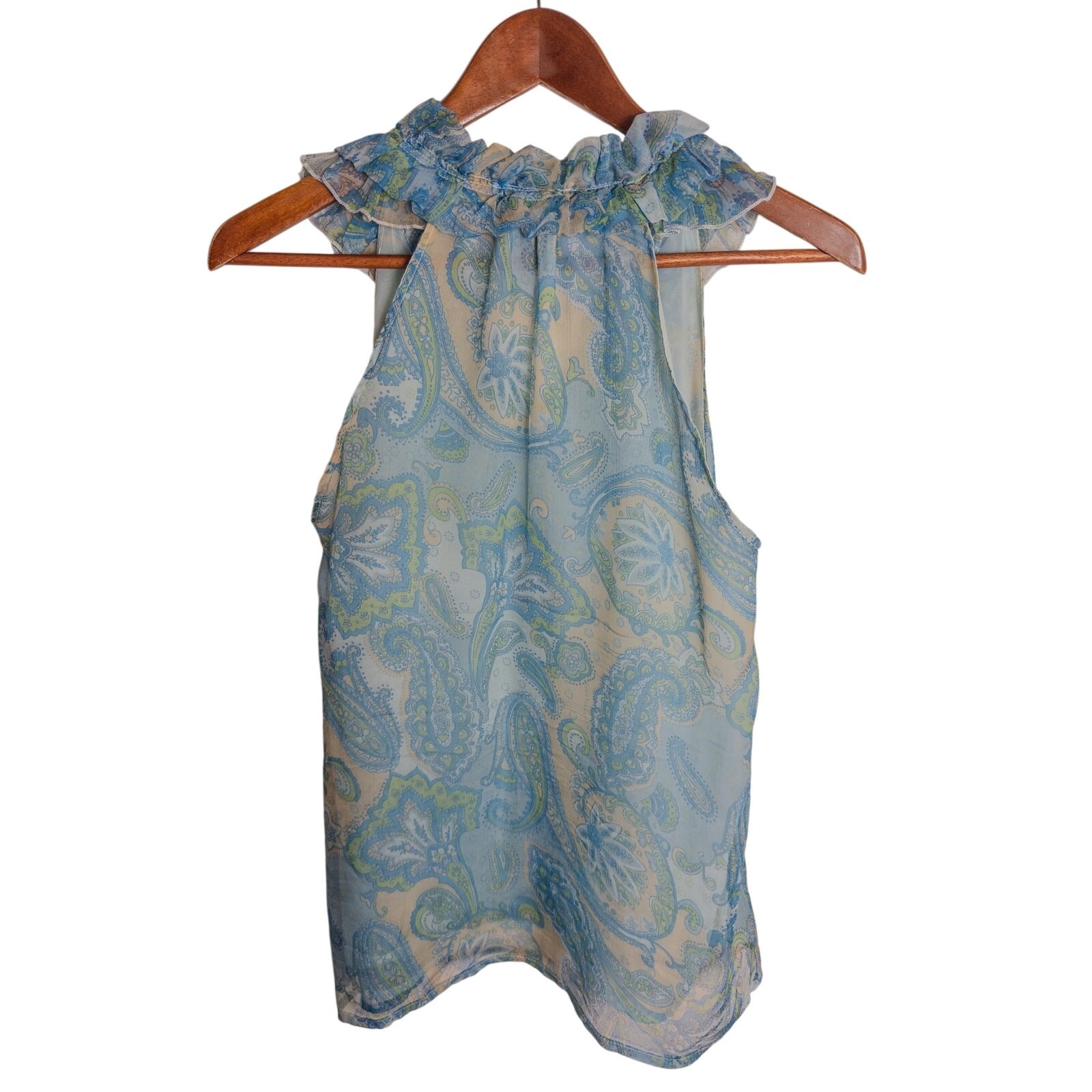 Y2K Elena Solano Silk Paisley Ruffle Blouse Blue Sheer Button Front Small