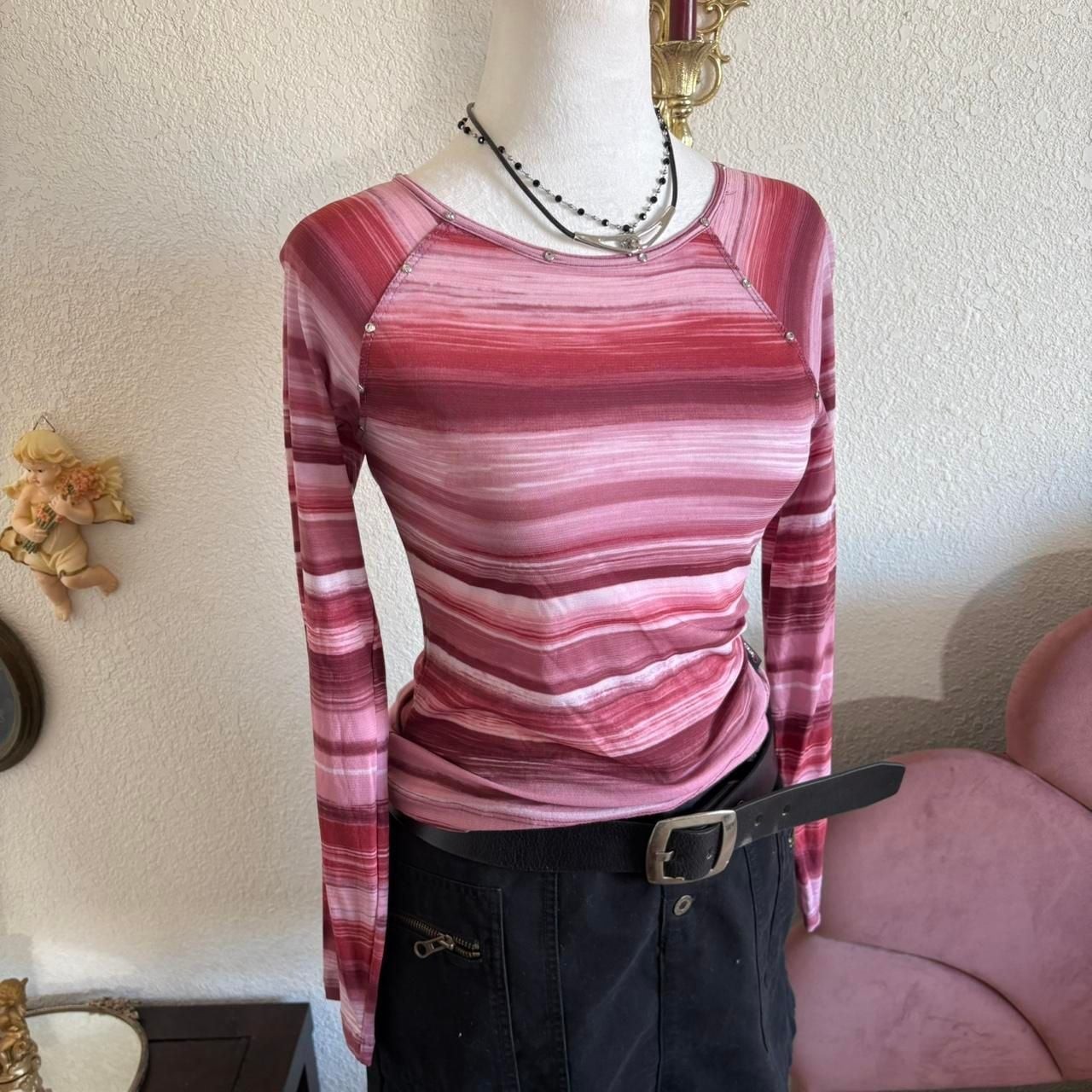 XOXO Jeans Vintage Y2K Pink Striped Mesh Studded Long Sleeve Top