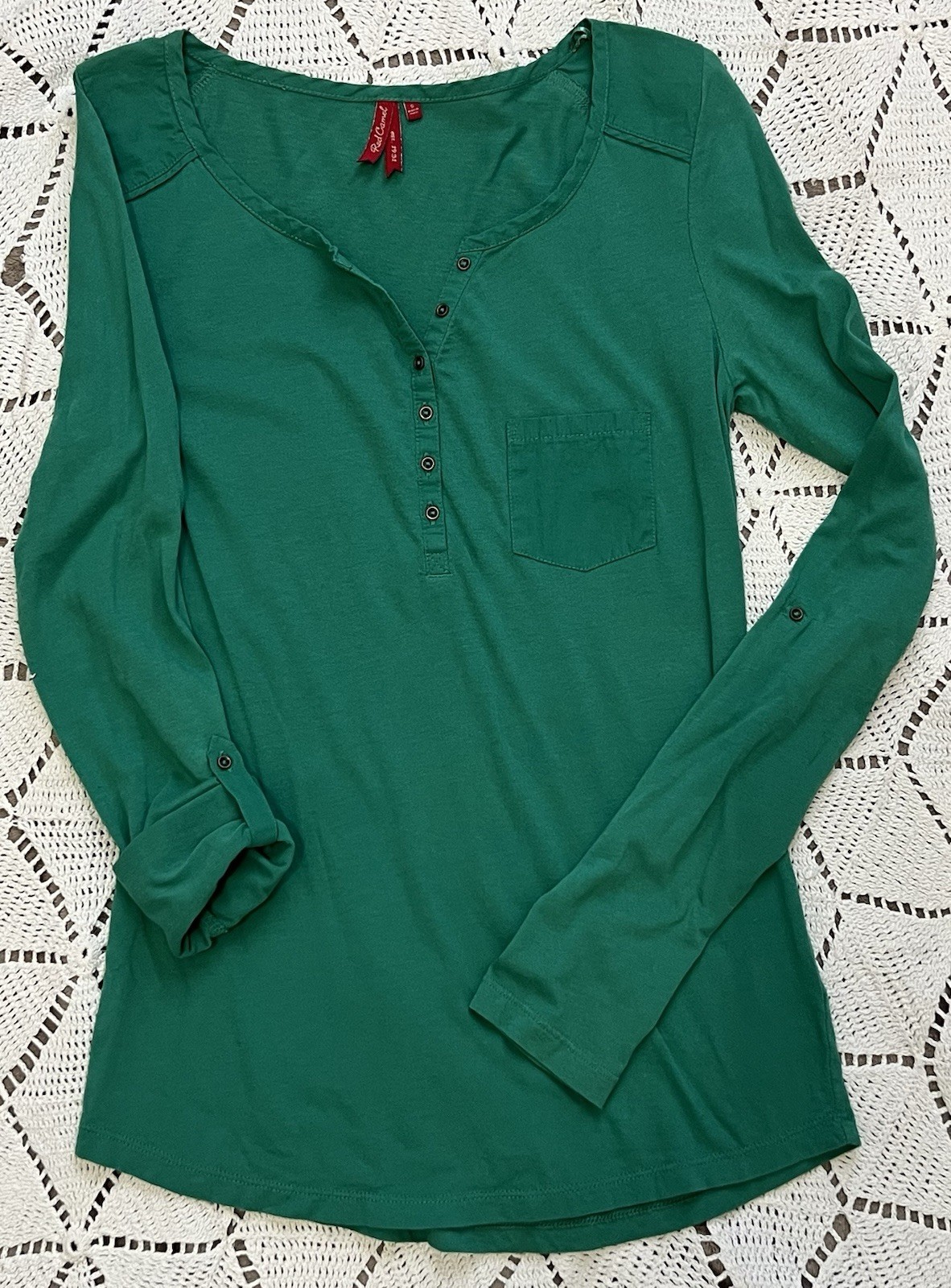 Red Camel Green Henley Top Womens Small Cotton Modal 2n1 Sleeve Soft Light Shirt