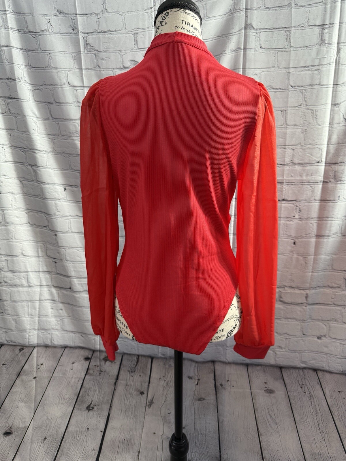 SHEIN Raffinéa Surplice Neck Sheer Lantern Sleeve Bodysuit Red New SZ M (6)