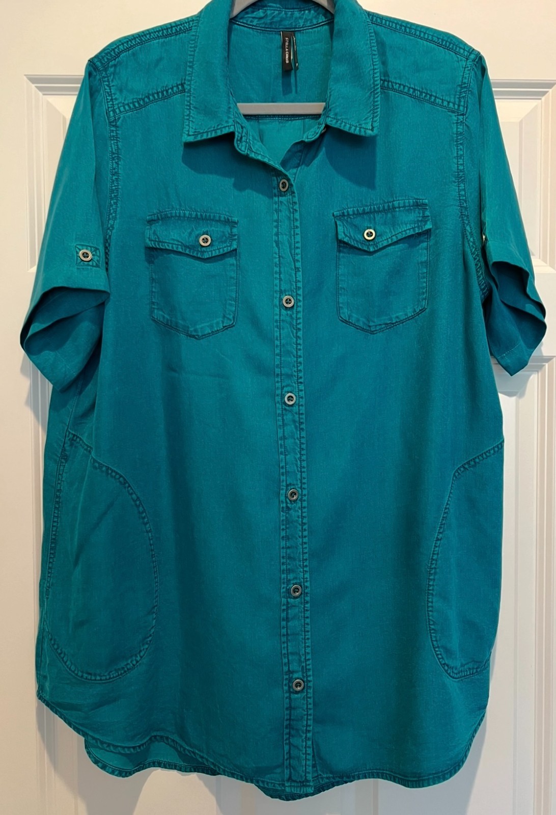 Stella Carakasi XL Teal Button Front Tunic Shirt Dress Roll Tab Sleeve Pockets