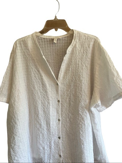 Eileen Fisher Woman 3X Top Cream Organic Cotton Boxy Band Collar Shirt Blouse