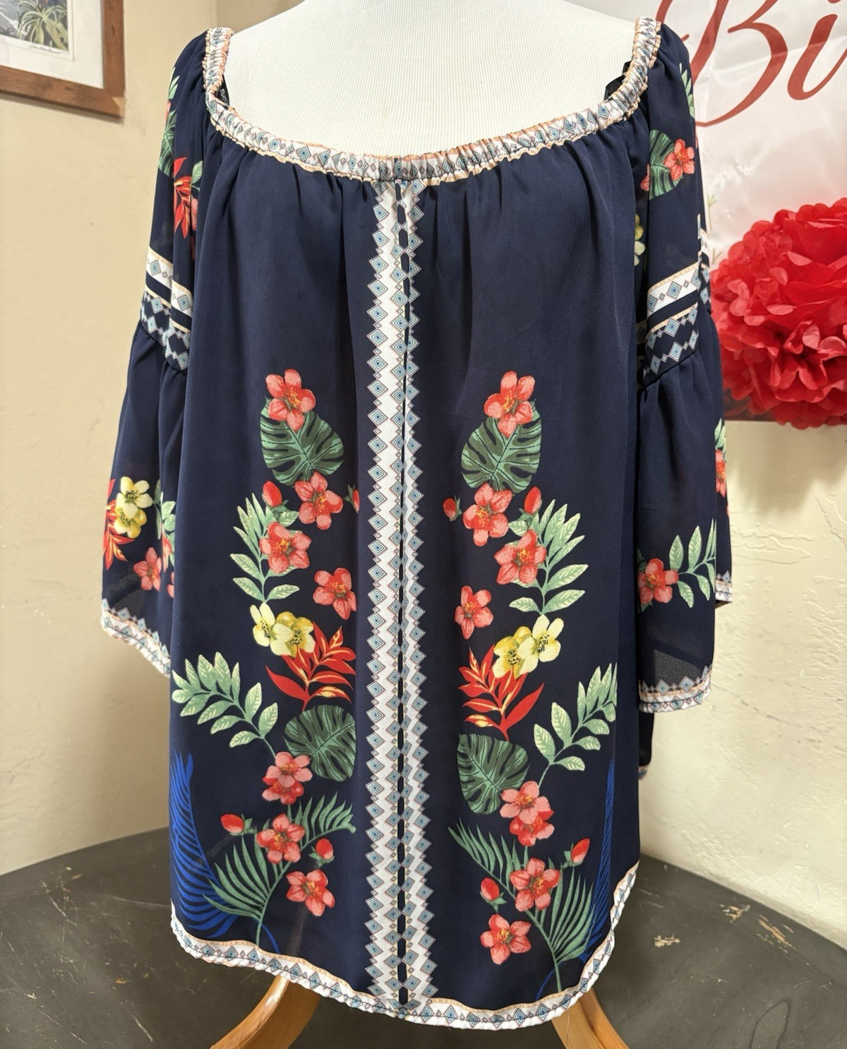 Flower & Feather Blue Floral Off-Shoulder Peasant Blouse Polyester 2XL 3/4