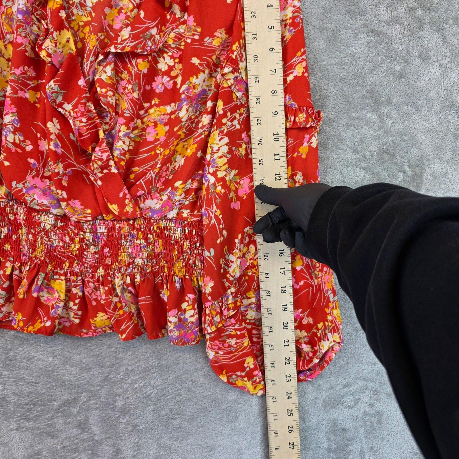 1. STATE Blouse Womens M Red V Neck Long Balloon Sleeve Floral Smocked Cropped