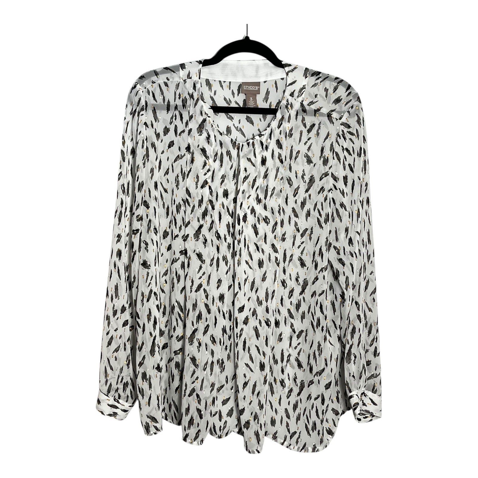 Chicos Size 3 White Black Abstract Brushstroke Gold Metallic SplitNeck Blouse XL