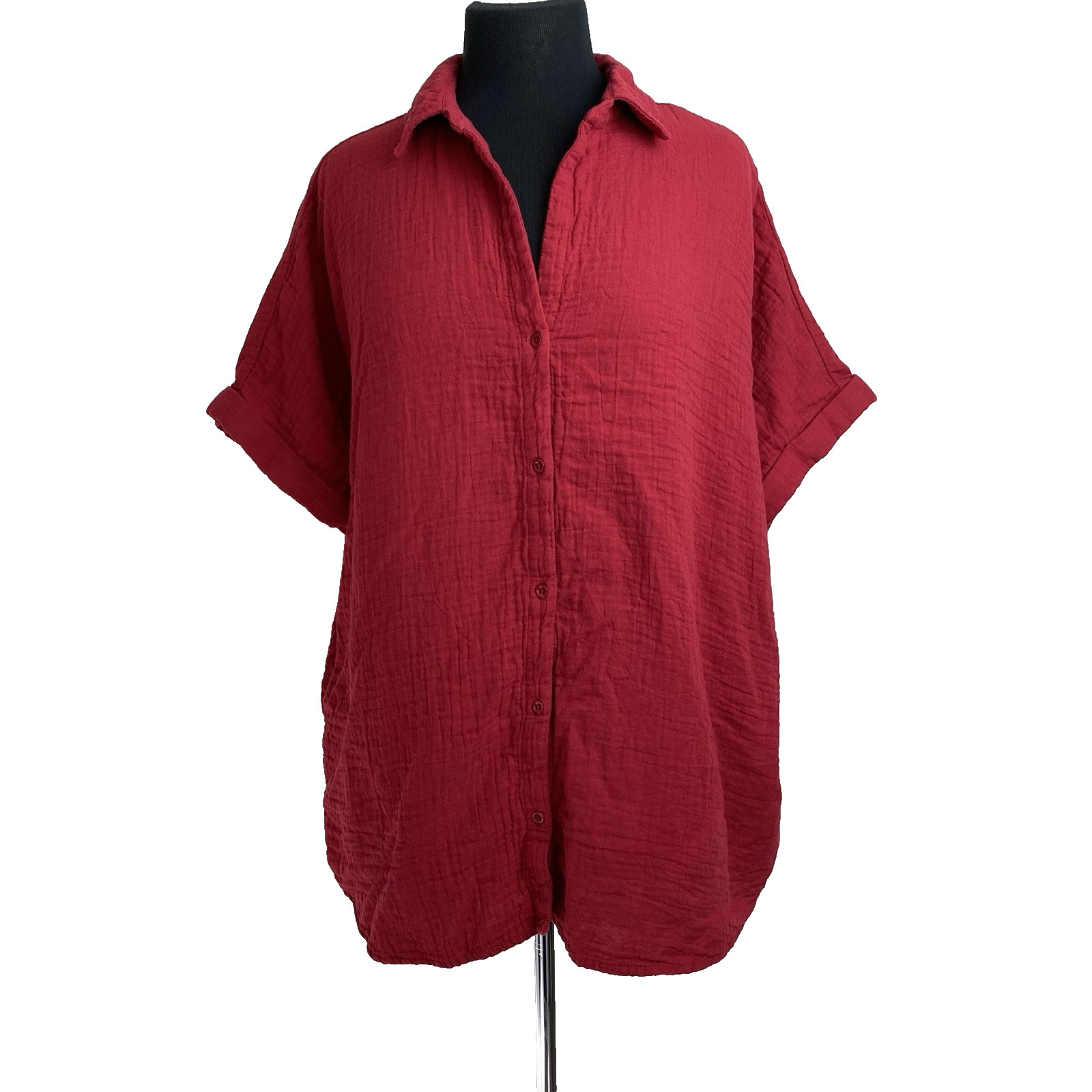Pact Coastal Double Gauze Oversized Shirt Sz Small Poppy Red Short Sleeve Button