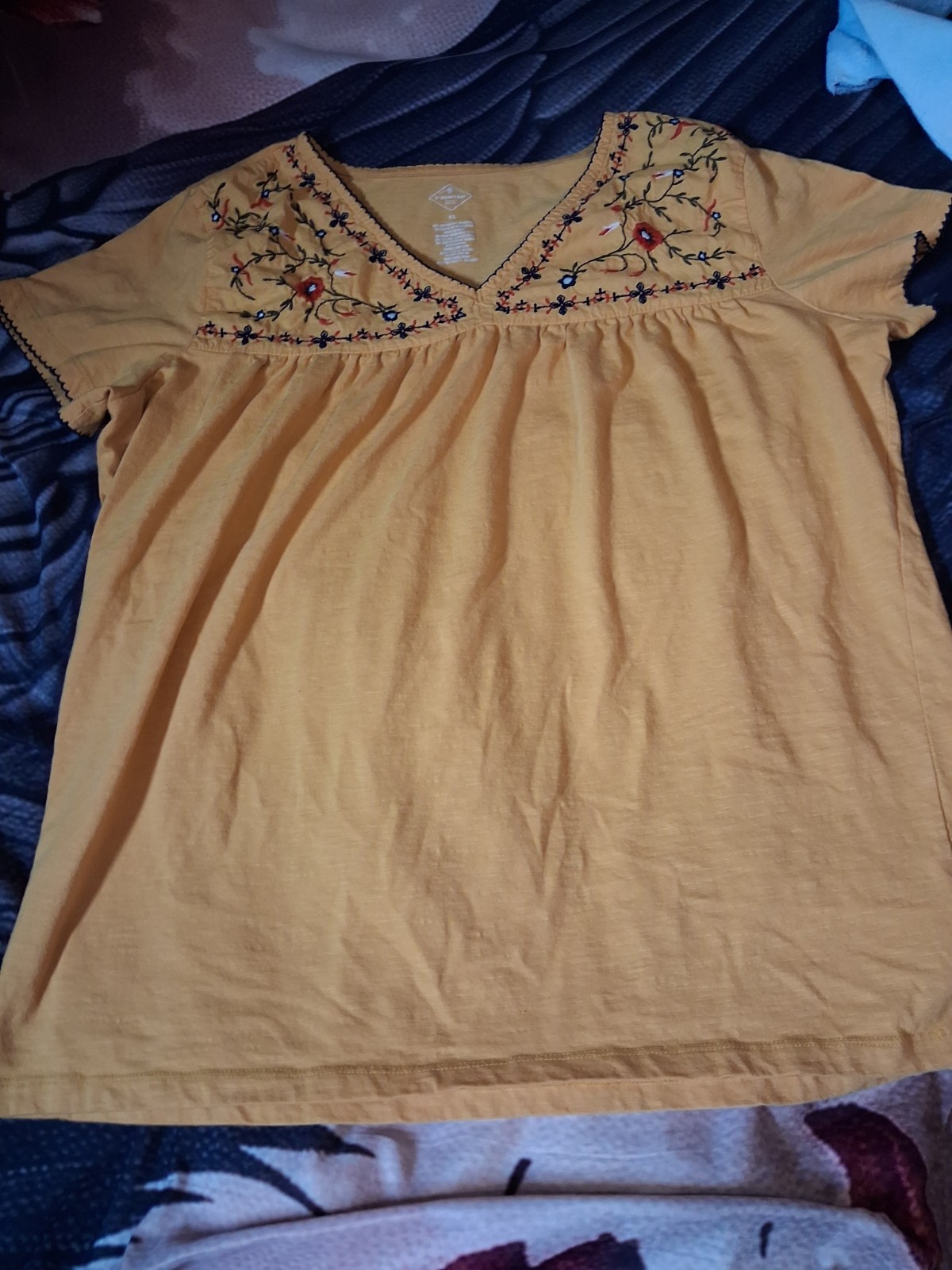 St. Johns Bay Womens Yellow,V-neck, Relaxed Fit,Cotton Blend,Embroidered, SizeXL
