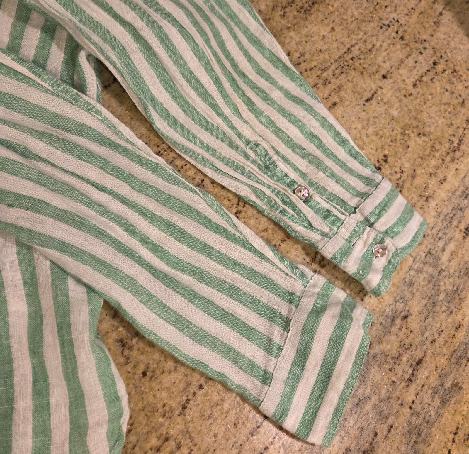 Nicole Miller Size XL 100% Linen Striped Button Down Shirt Green White Pocket