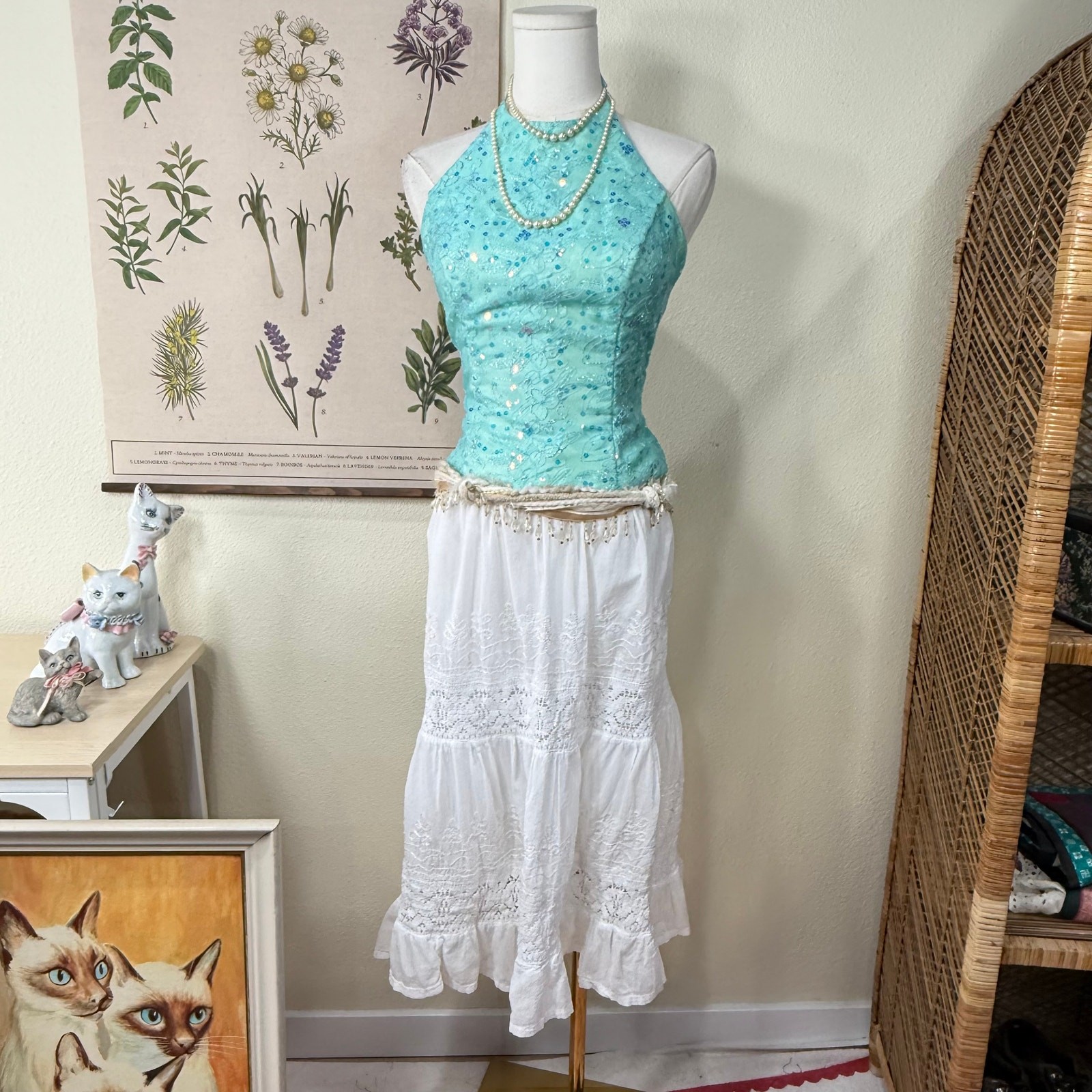 Y2k Lace Up Corset Back Sequin Embroidered Halter Top Mermaid Fairy Ethereal XS