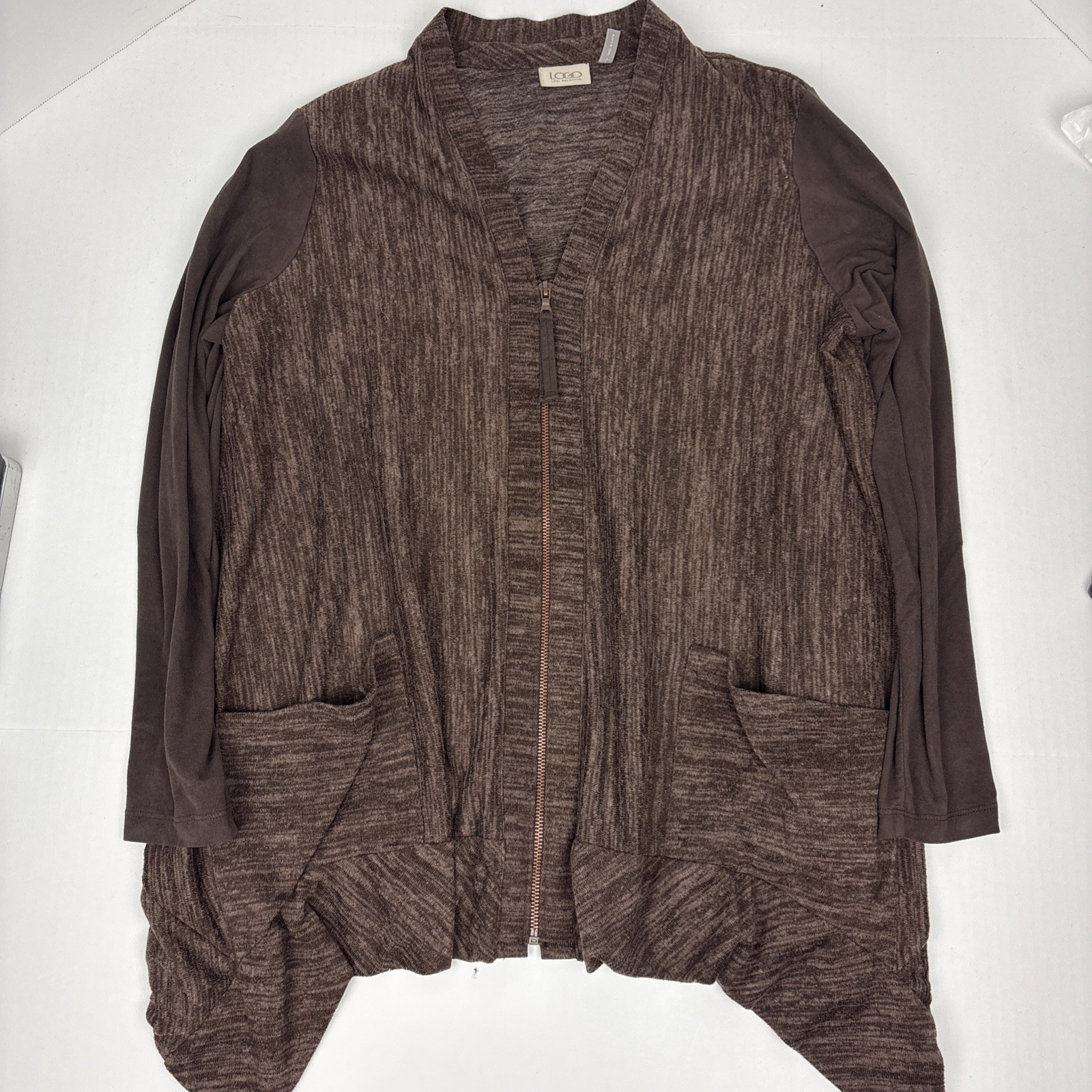 LOGO Lori Goldstein Women Large Shirt Brown Heather Zipper Front V-Neck Light