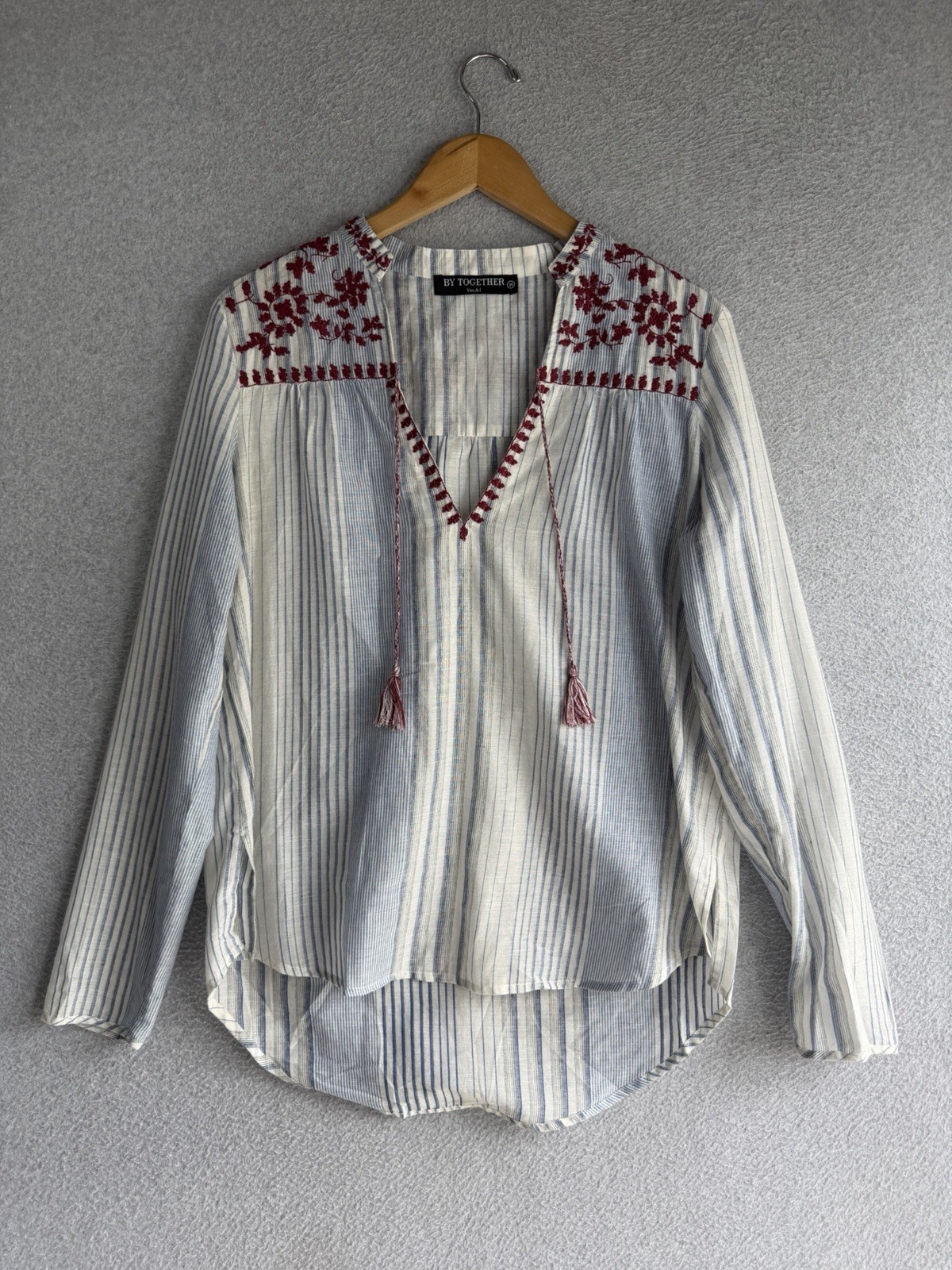 By Together Top Medium Striped Floral Embroidered Boho Cottagecore Beach Coastal