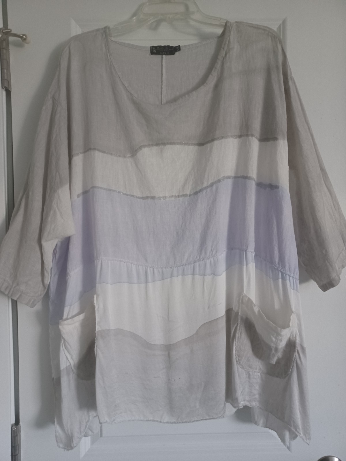 Bella Amore white gray purple linen flax rayon top large XL