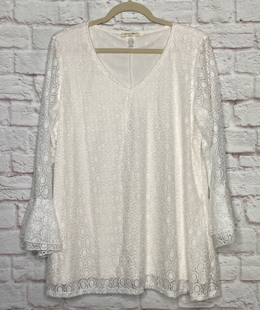 XL/1X2X/3X New Stretchy White Dots Dotted Lace Lined Peasant Top Blouse Tee Knit