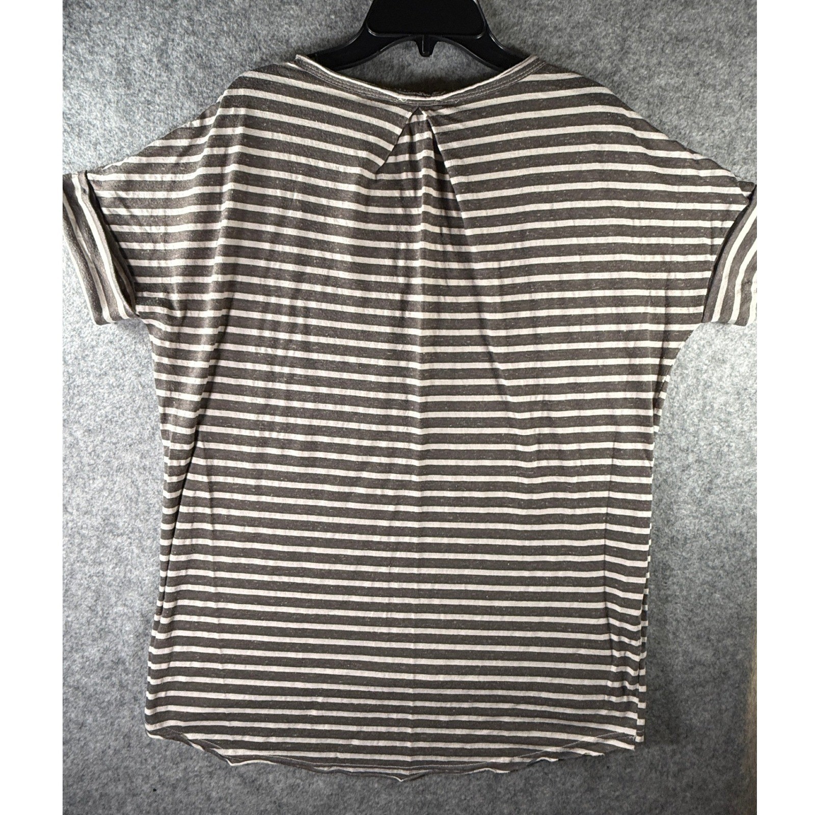 Grey and White Striped Short Sleeve Pocket Tee with Pleated Back and Curved Hem