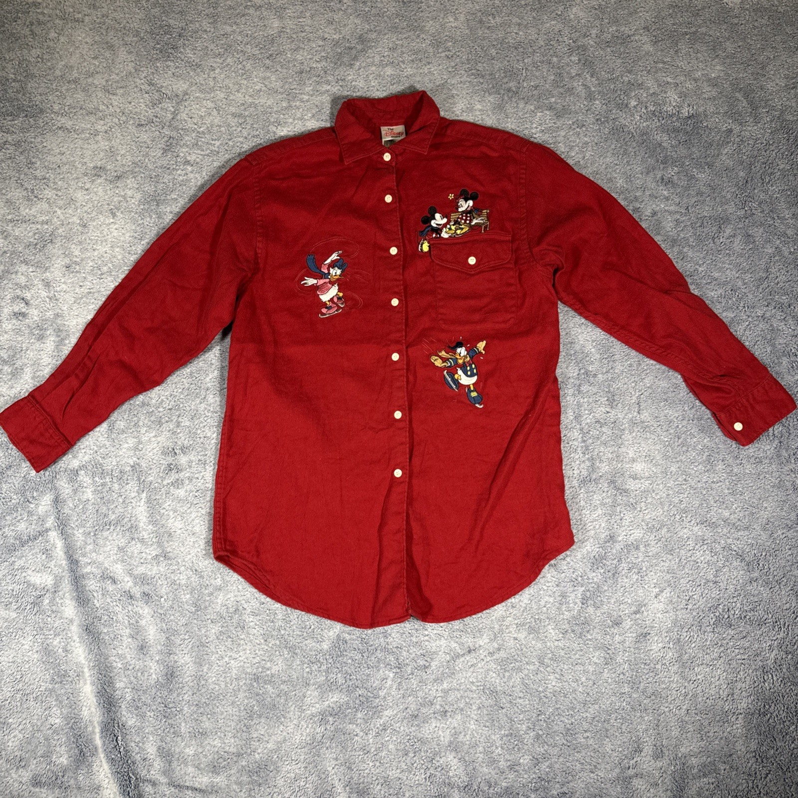 The Disney Store LS Flannel Shirt Women’s Small Red Mickey Minnie Daisy Donald