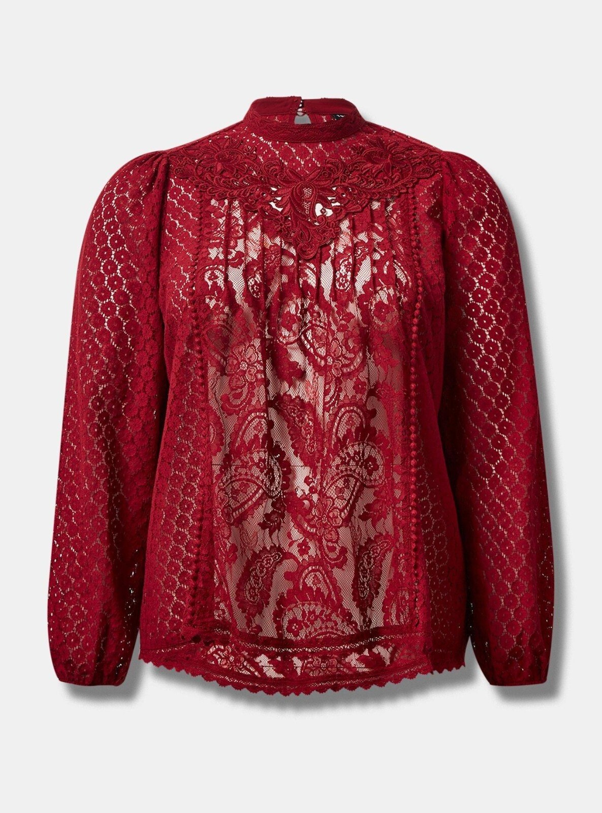 Torrid Plus 3X Lace Top High Neck Keyhole Back Long Sleeve Dark Red NWT