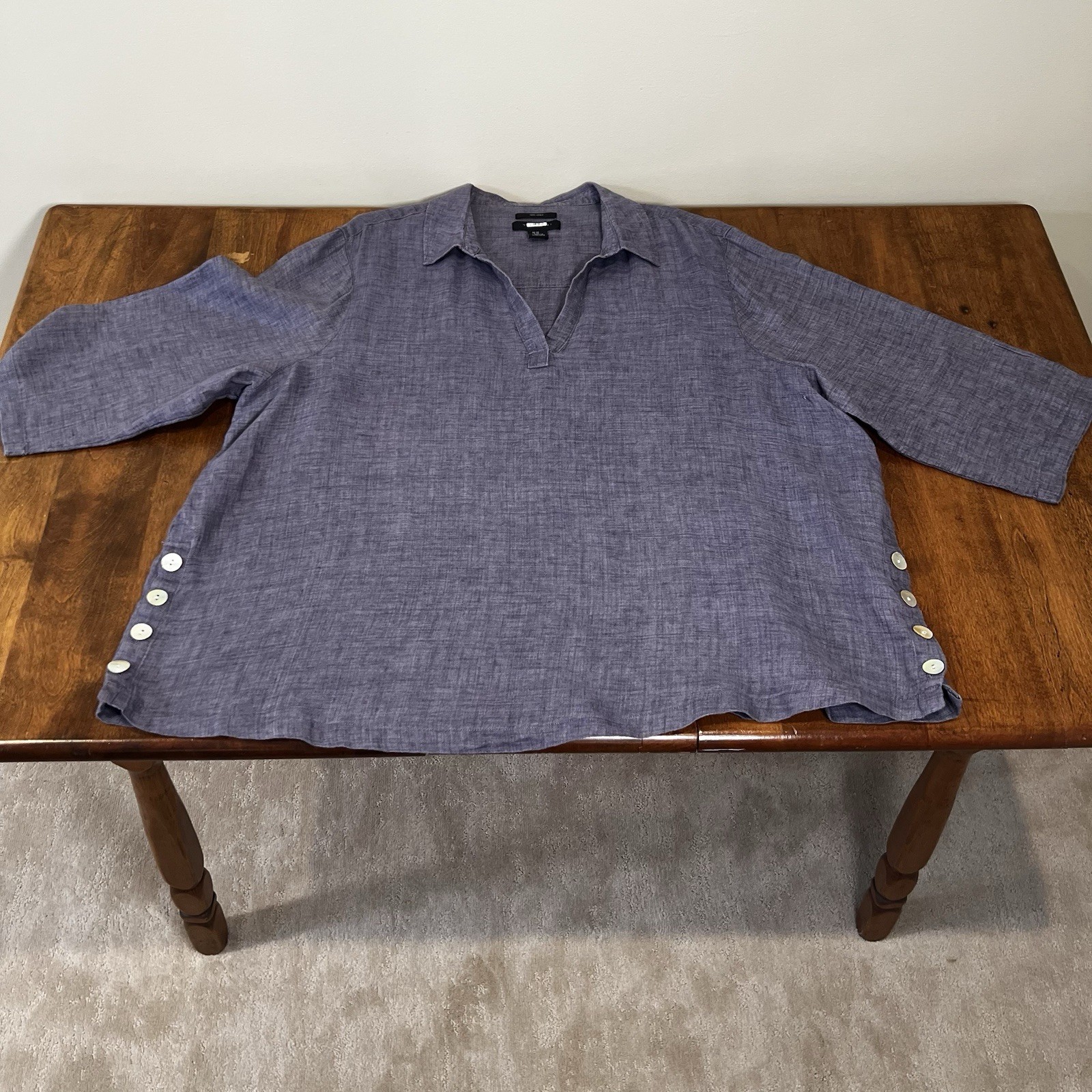 Tahari Womens 100% Linen Tunic Top 3X Blue Split Neck Popover Button Side Detail